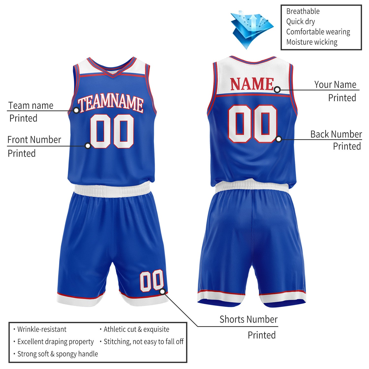 Custom Royal Blue & White Double Sided Basketball Jersey Set | Wholesale Team Uniform
