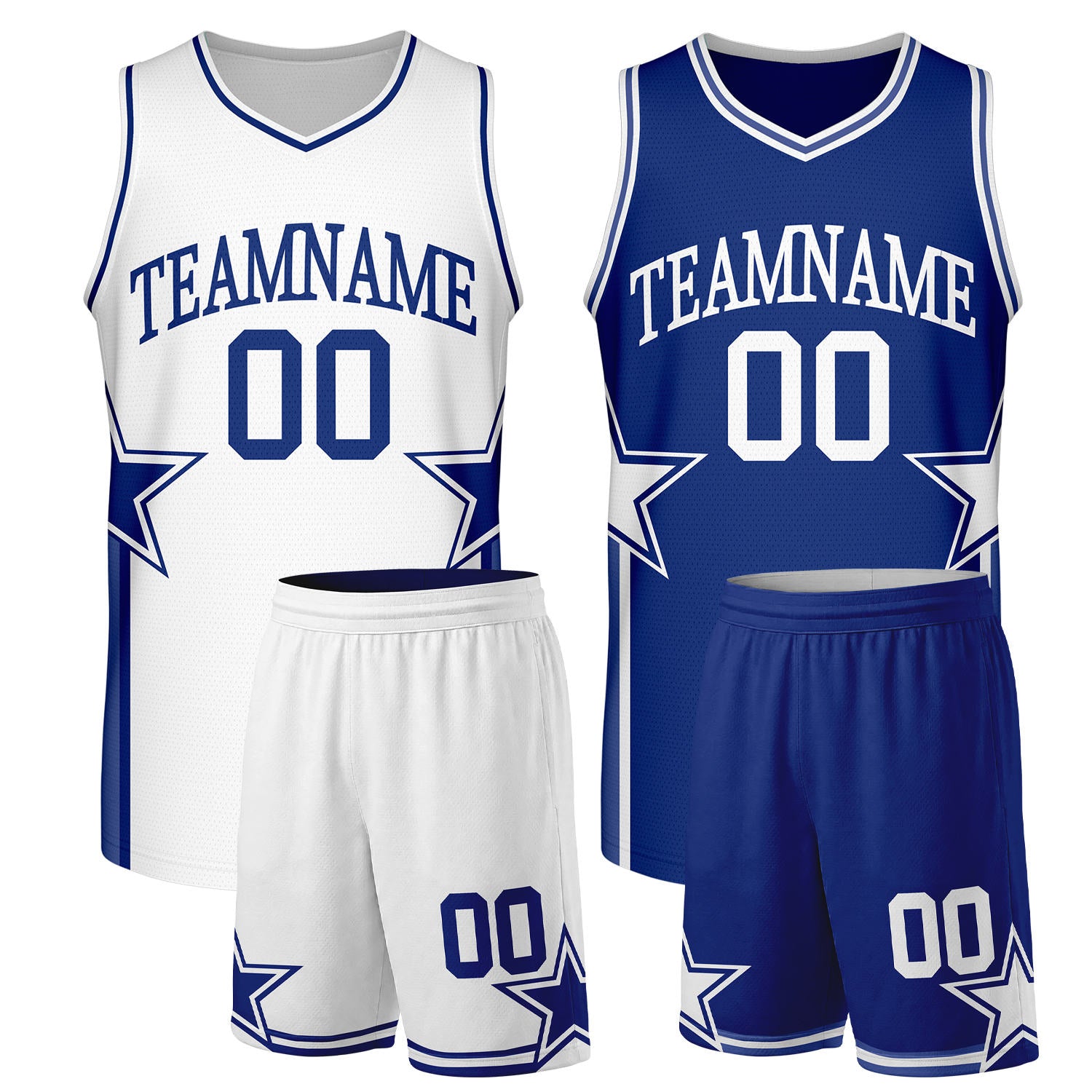 Custom men's basketball uniforms white royal blue reversible by Vosoli. Personalized team name, player number & logo. Breathable mesh. Fast delivery.