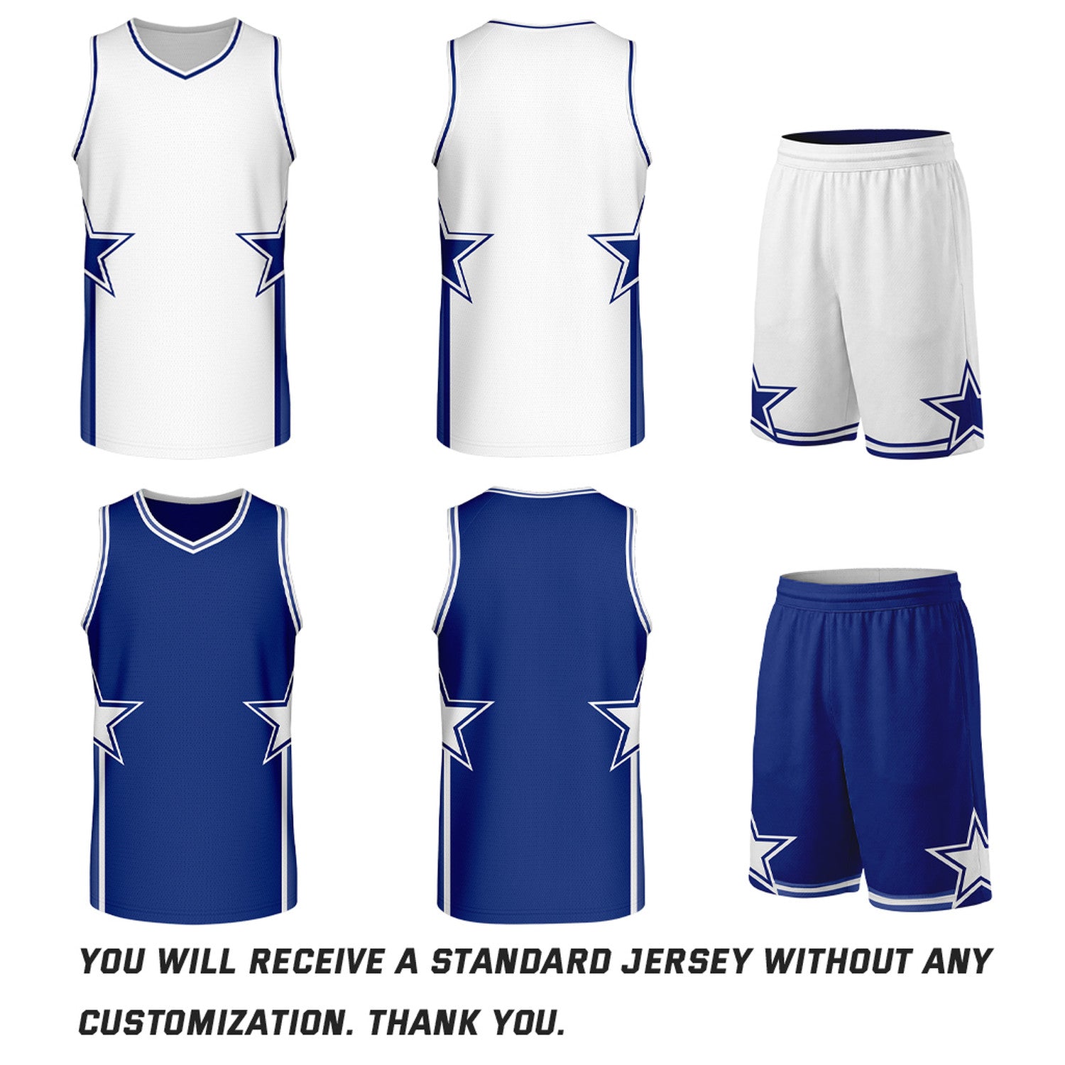 Custom White & Royal Blue Star Reversible Basketball Uniform Set | Breathable Mesh Jersey & Shorts