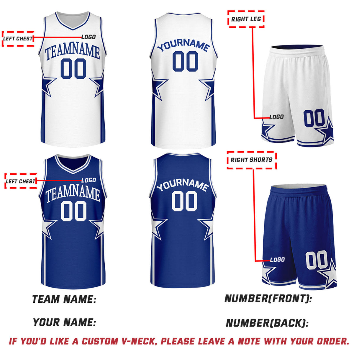 Custom White & Royal Blue Star Reversible Basketball Uniform Set | Breathable Mesh Jersey & Shorts