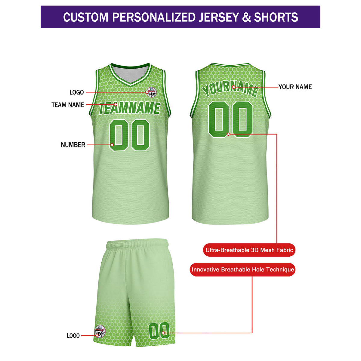 Custom Mint Green Honeycomb Basketball Uniform Set | Personalized Team Name & Number - Vosoli