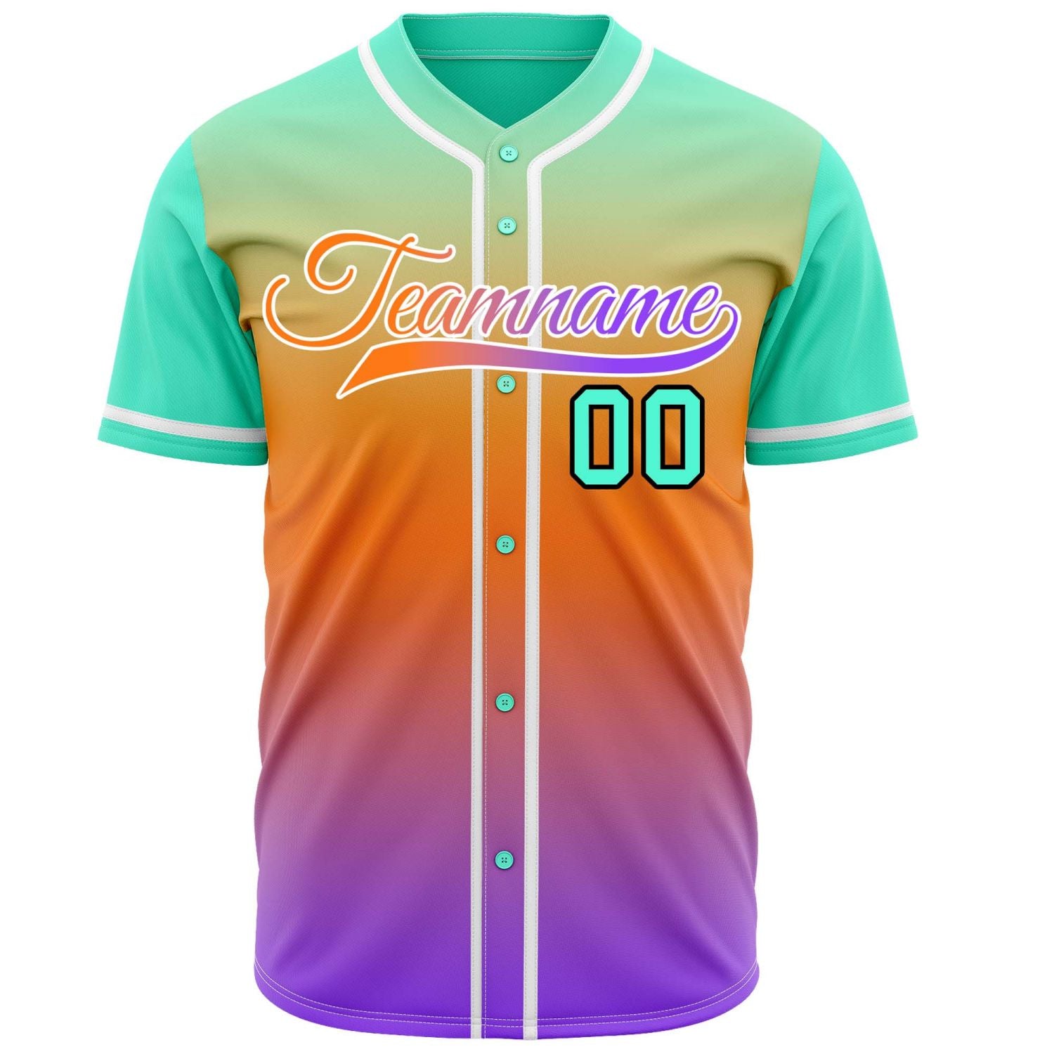 Custom mint to orange to purple gradient baseball jersey, button-front style with white trim, suitable for team sports and casual wear - Vosoli