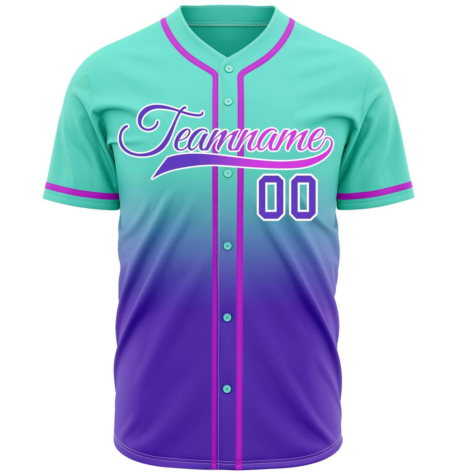 Custom mint to purple gradient baseball jersey, button-front style with pink trim, suitable for team sports and casual wear - Vosoli