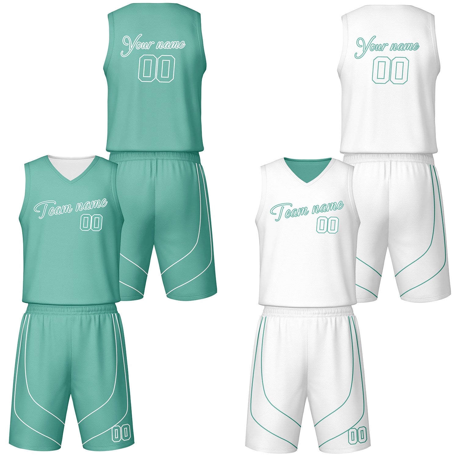 Custom mint & white reversible basketball jersey shorts set by Vosoli | Personalized script team name number vintage uniform sportswear