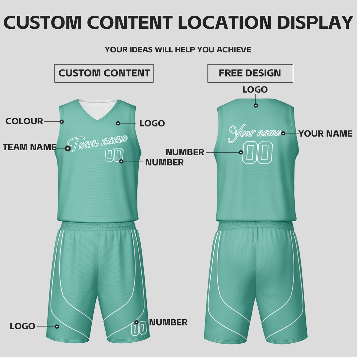 Custom Mint & White Reversible Basketball Jersey Shorts Set | Personalized Team Uniform