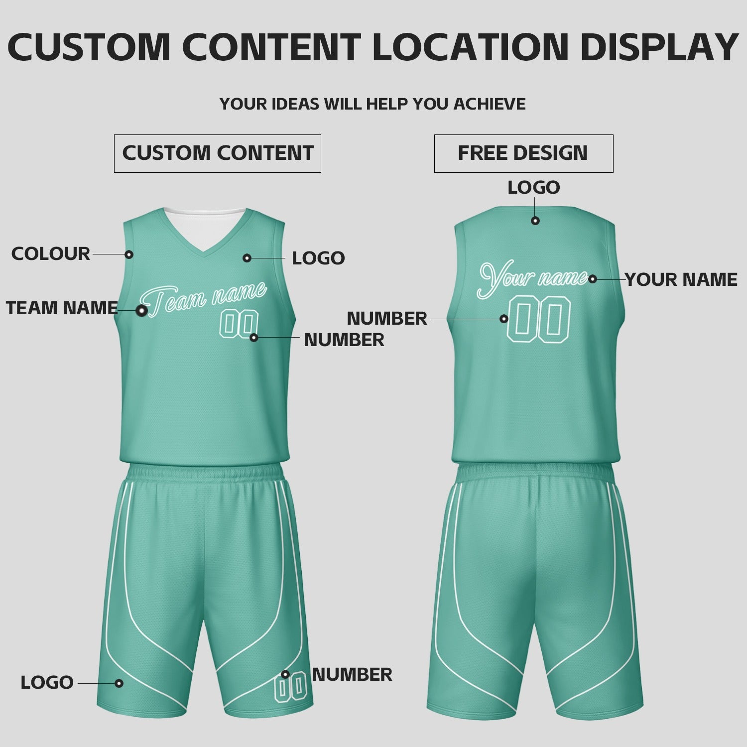 Custom Mint & White Reversible Basketball Jersey Shorts Set | Personalized Team Uniform