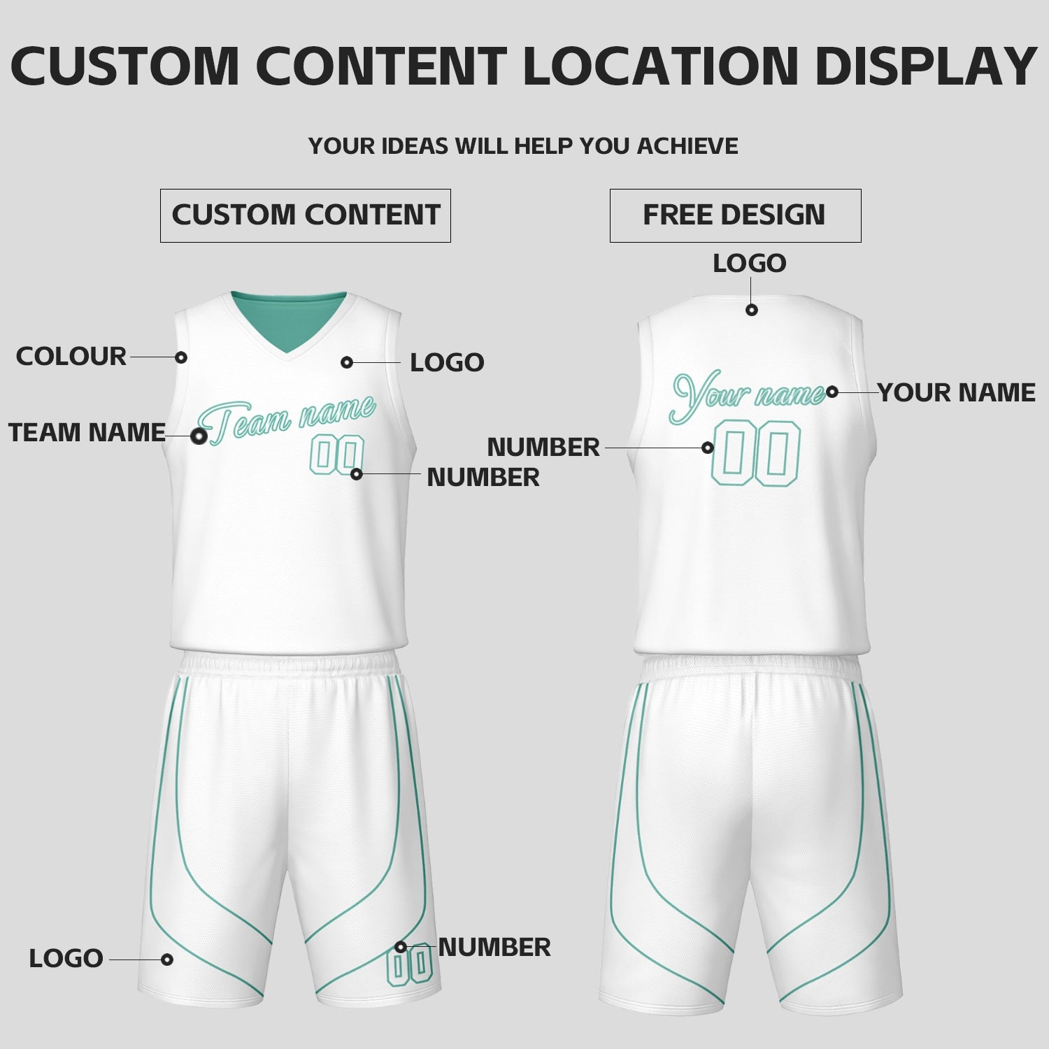 Custom Mint & White Reversible Basketball Jersey Shorts Set | Personalized Team Uniform