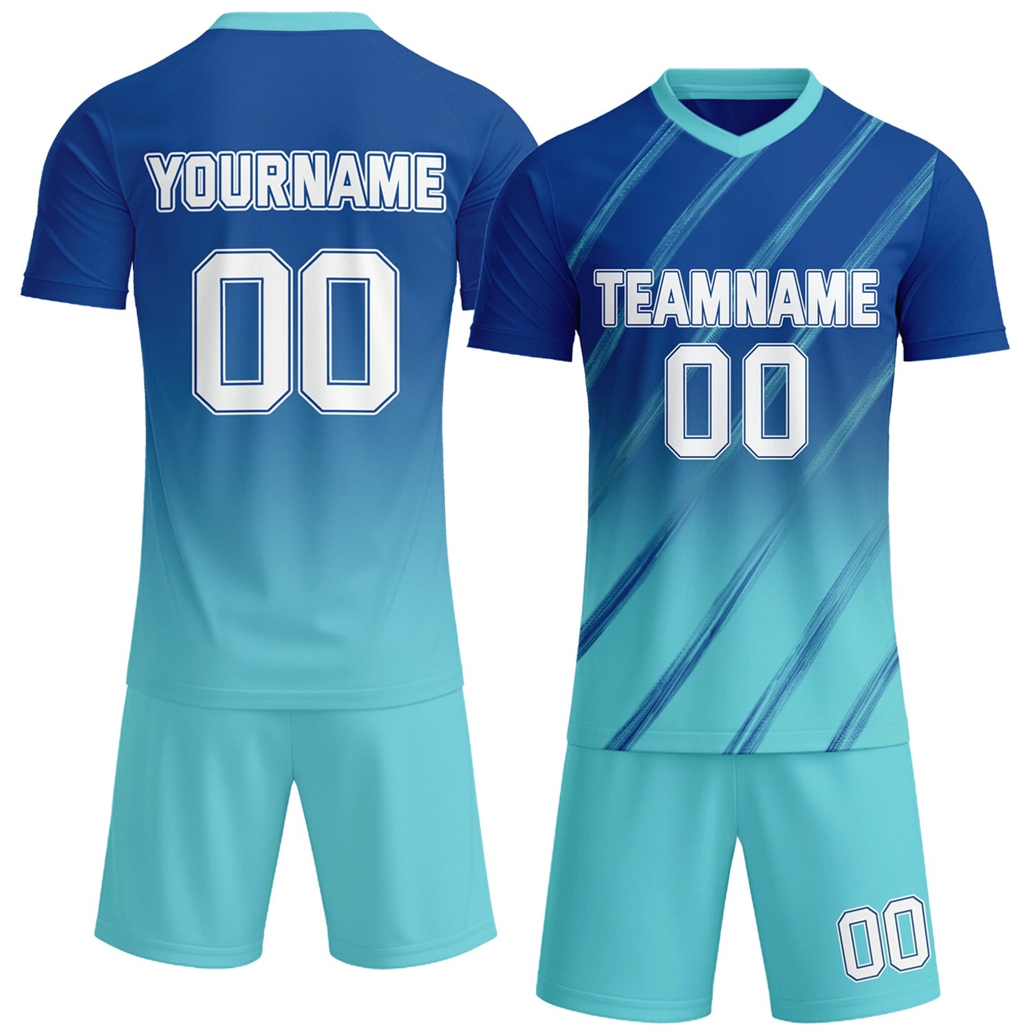 Custom navy & aqua blue gradient soccer jersey set, personalized name number team logo, short-sleeve jersey with matching shorts sports uniform for men women youth adult game practice - Vosoli
