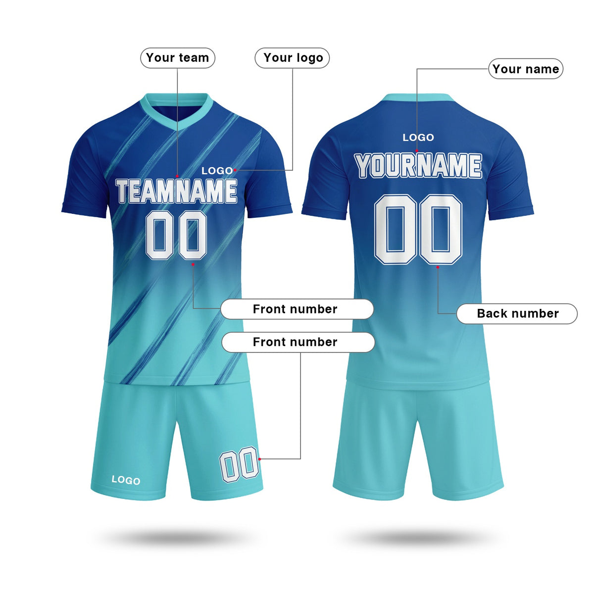 Custom Navy & Aqua Blue Gradient Soccer Jersey Set | Personalized Team Uniform | Vosoli