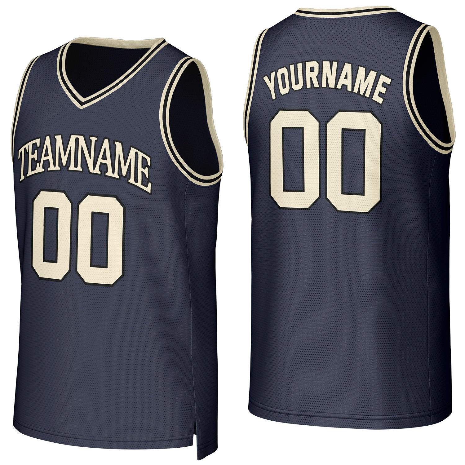 Custom navy-beige V-neck mesh basketball jersey by Vosoli | Personalized name & number team uniform for youth & adults
