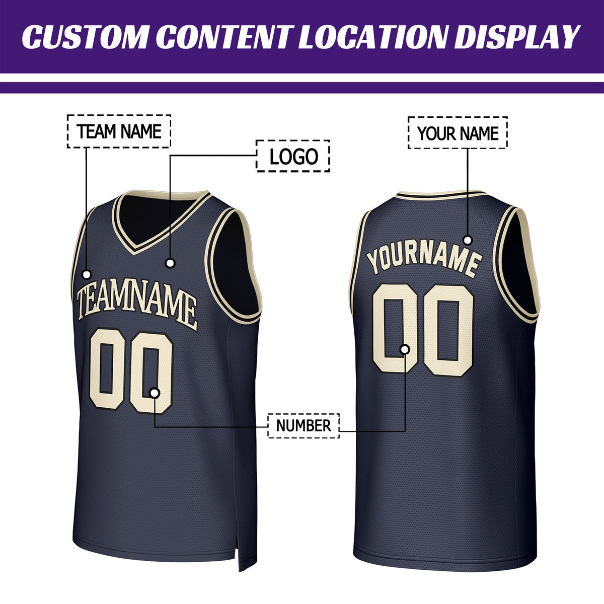 Custom Navy & Beige Mesh Basketball Jersey | Personalized Team Uniform for youth & adults