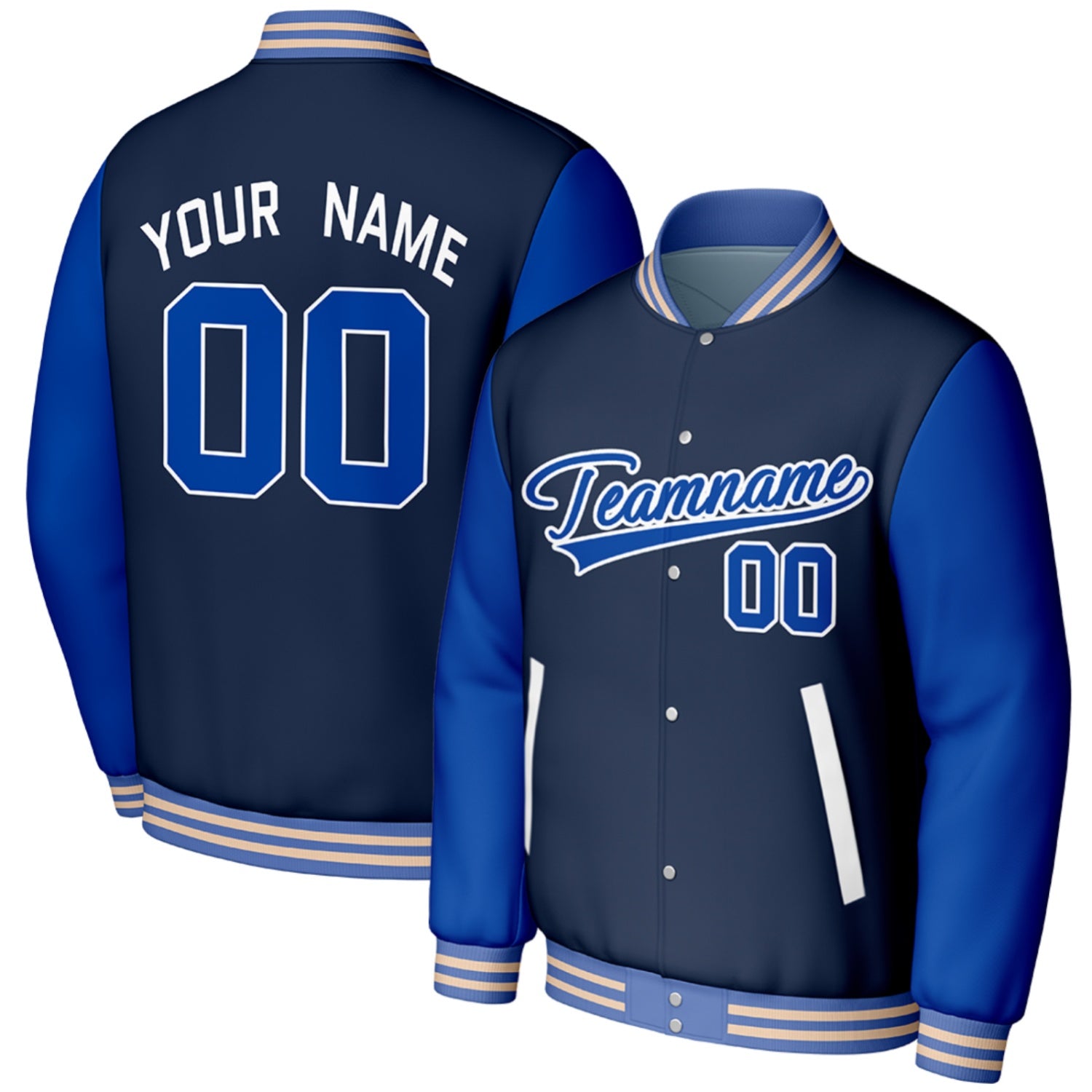 custom navy blue baseball jackets for sports teams by Vosoli, personalized stitched name, number & logo, classic button up varsity letterman jacket for sports teams and casual wear