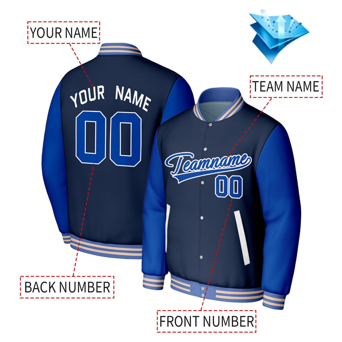 Custom Navy & Blue Varsity Baseball Jacket | Personalized Jacket with Stitched Name & Number for Adult & Youth