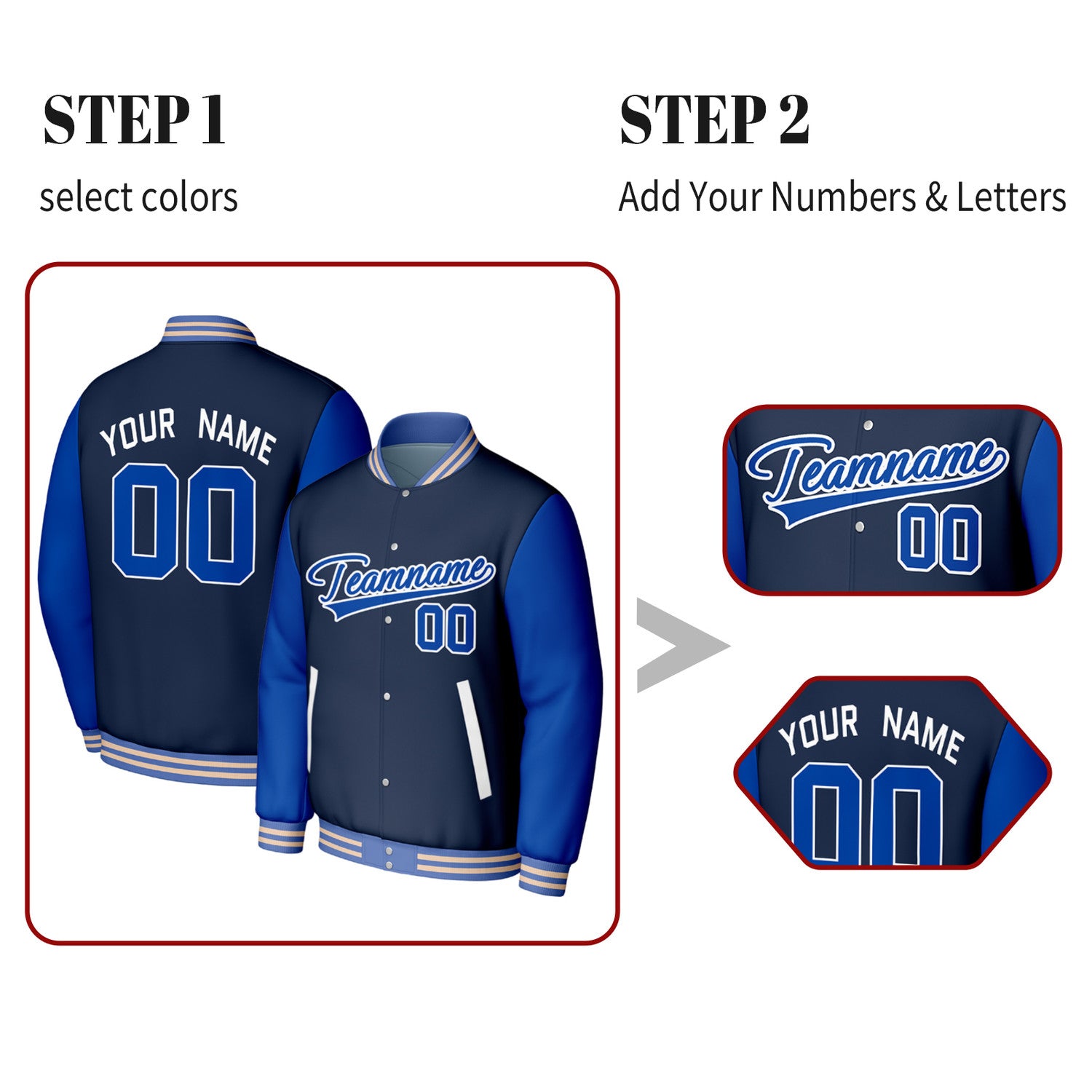 Custom Navy & Blue Varsity Baseball Jacket | Personalized Jacket with Stitched Name & Number for Adult & Youth