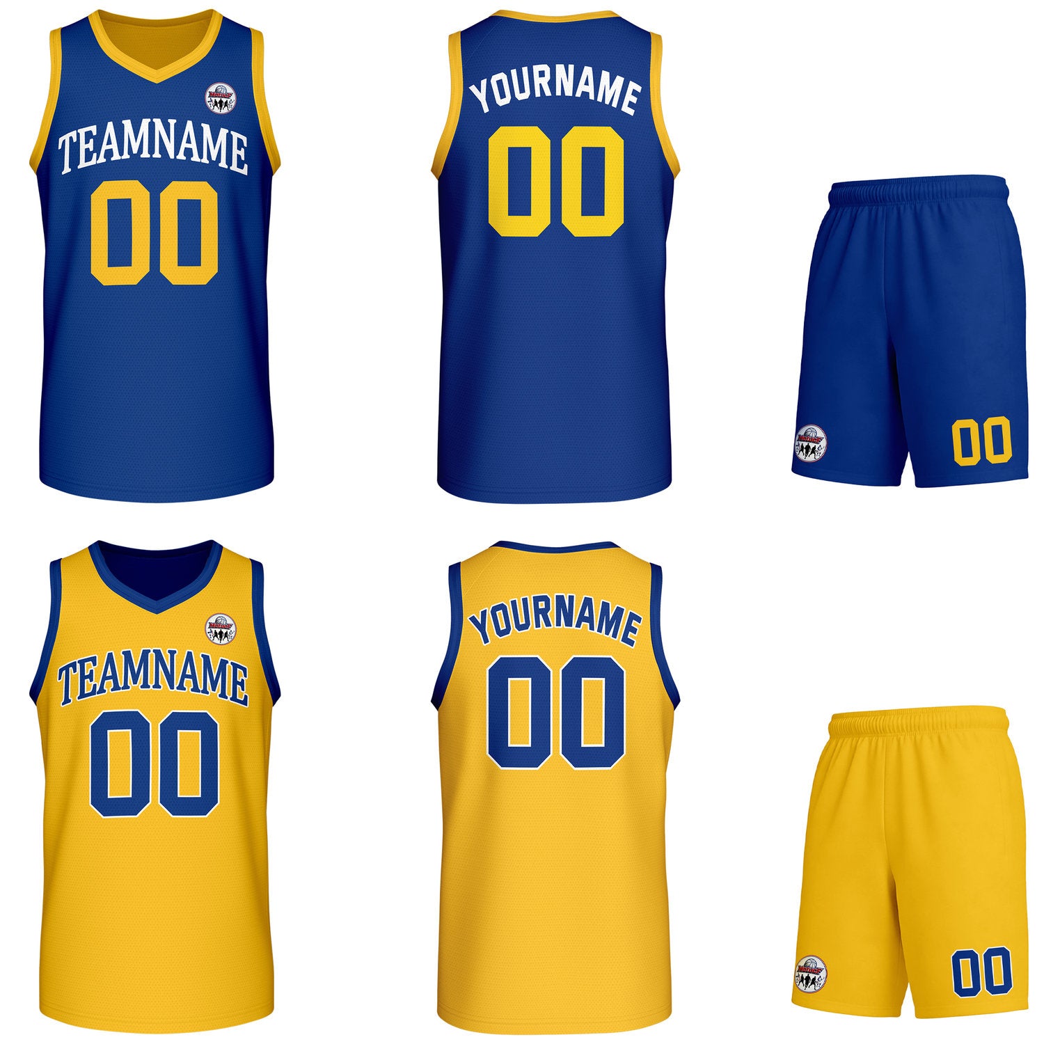 Custom navy blue & gold Reversible basketball uniform set, personalized team name number logo breathable mesh jersey and shorts men women youth game practice - Vosoli