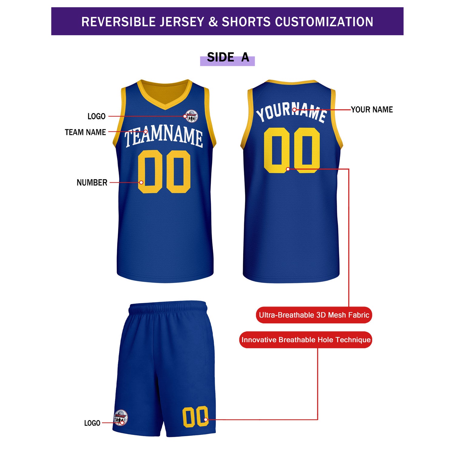 Custom Navy Blue & Gold Reversible Basketball Uniform Set | Personalized Team Name & Number - Vosoli