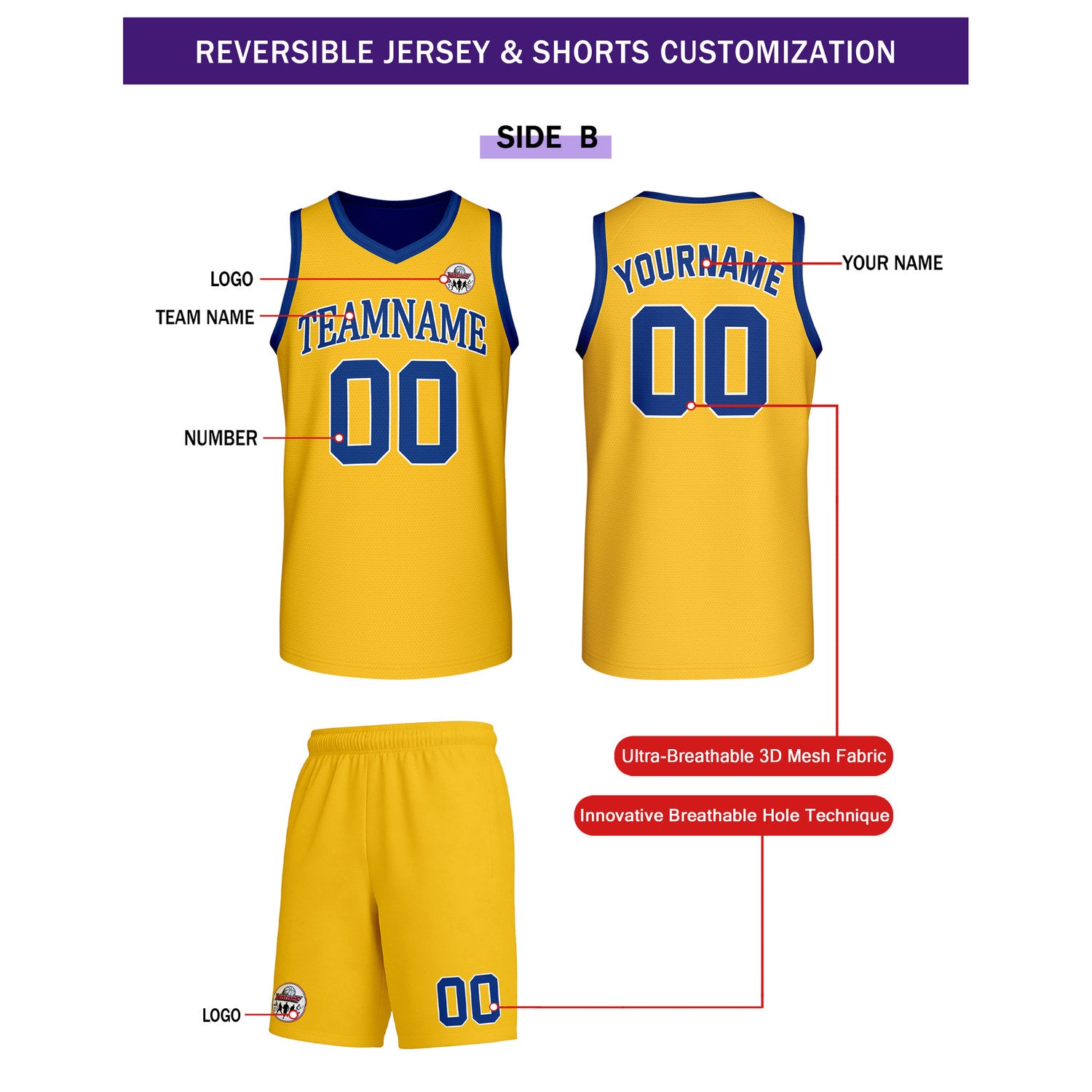 Custom Navy Blue & Gold Reversible Basketball Uniform Set | Personalized Team Name & Number - Vosoli
