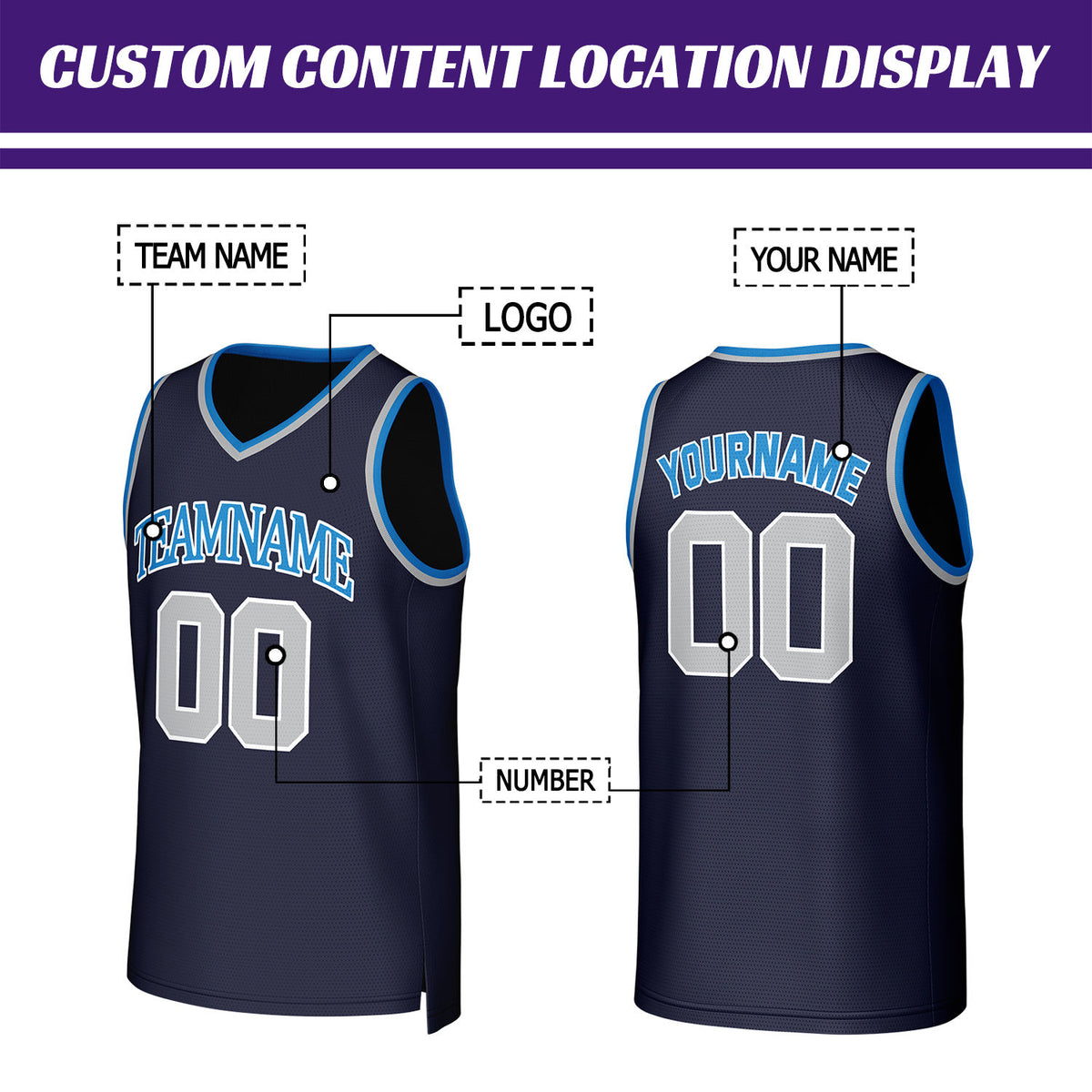 Custom Navy Blue & Grey-Blue Basketball Jersey | Personalized Name & Number Team Uniform