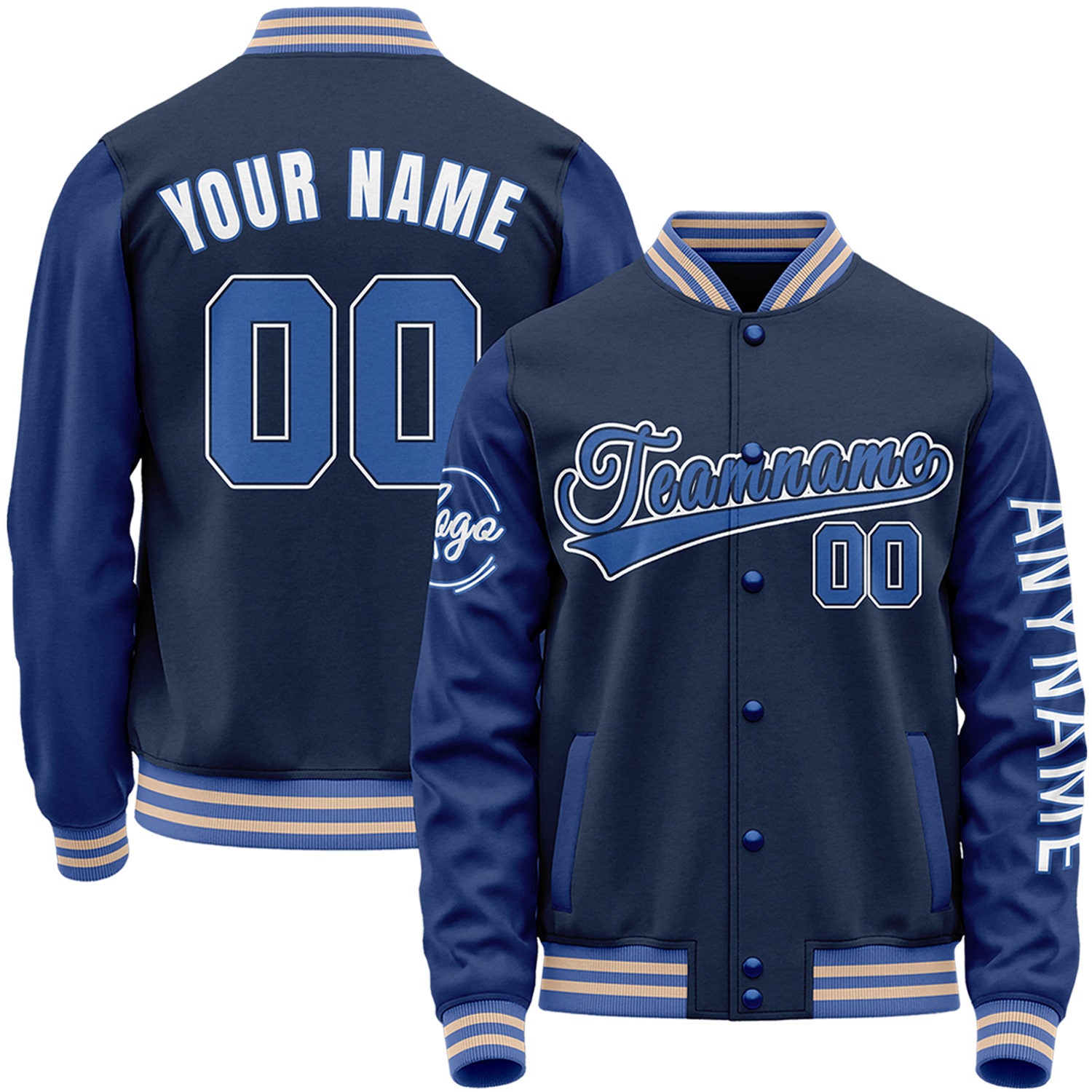 Custom navy and blue varsity baseball jacket high school by Vosoli with stitched name, number and logo. Classic varsity jacket for baseball and casual wear.