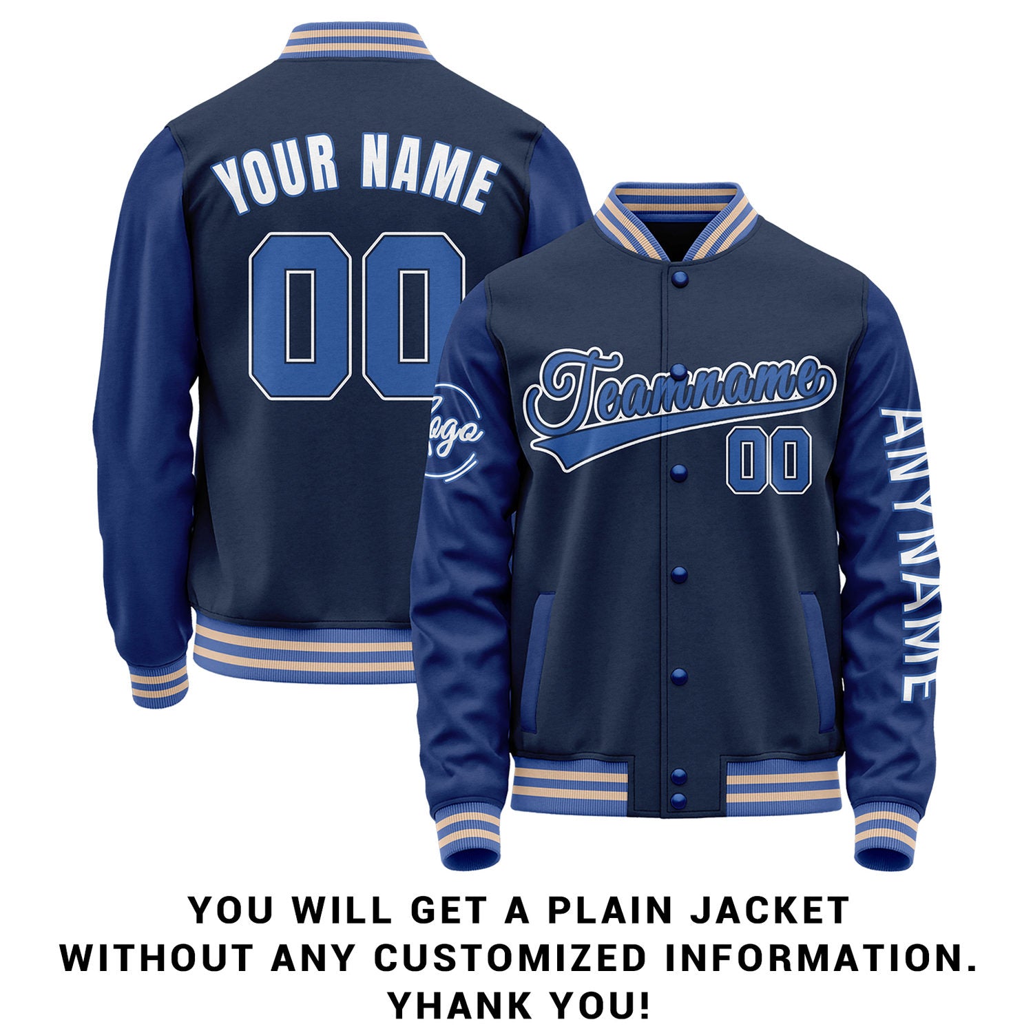 Custom Navy & Blue Two Tone Varsity Letterman Jacket | Personalized Stitched Team Name Number Outerwear