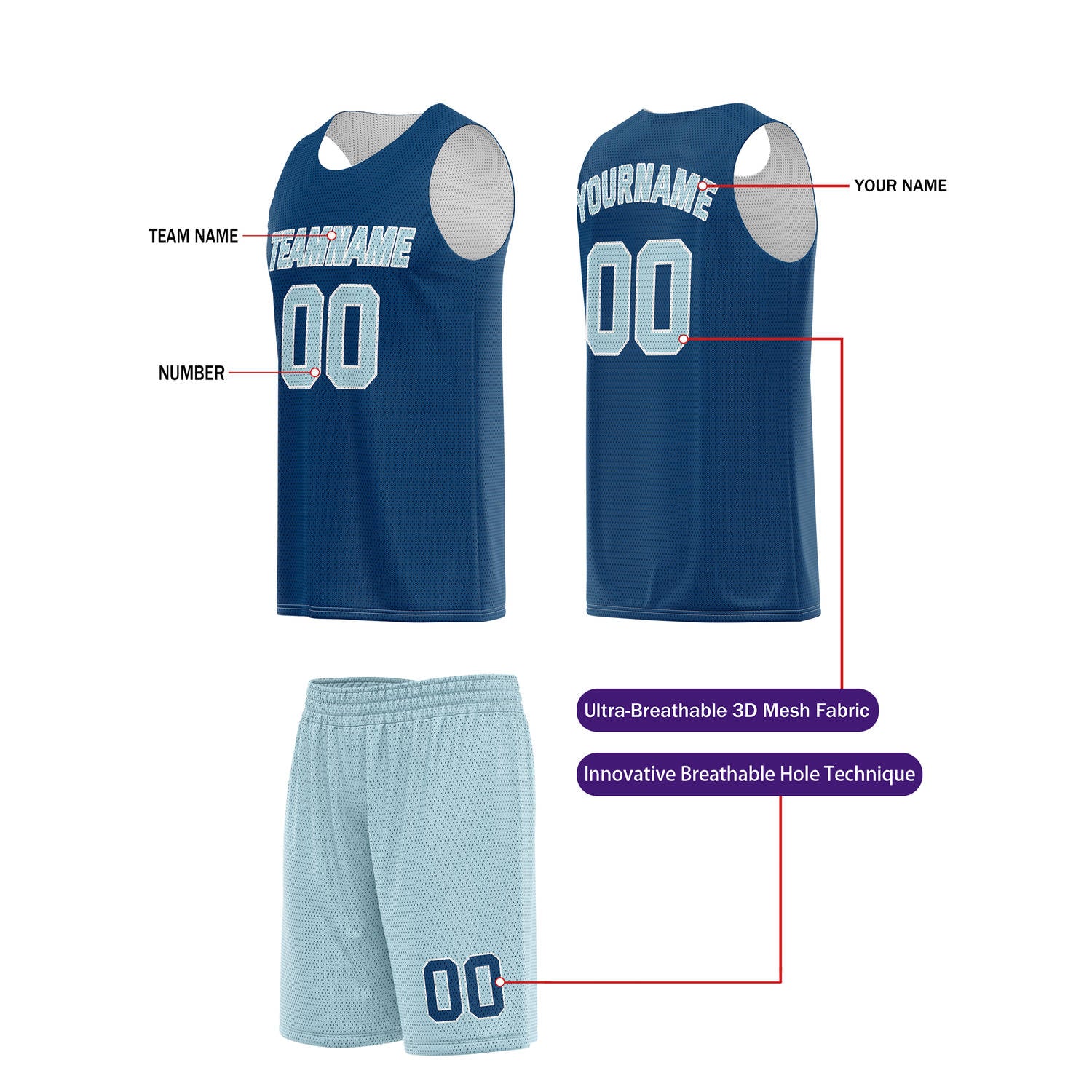 Custom Navy Blue & Light Blue Basketball Jersey + Shorts Set - Personalized Team Name, Number | Vosoli