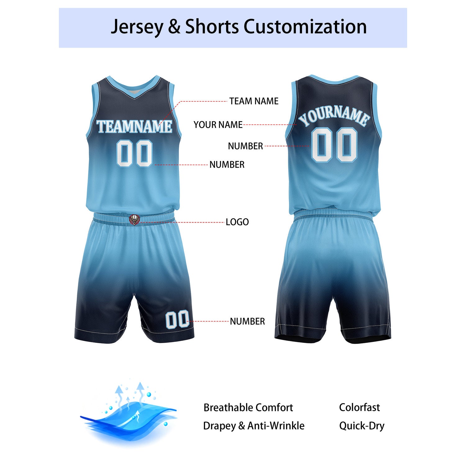 Custom Navy & Light Blue Gradient Basketball Jersey + Shorts Set - Personalized Team Name, Number & LOGO | Vosoli