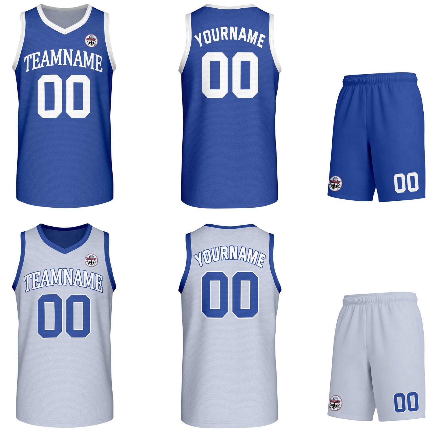 Custom royal blue & light gray Reversible basketball uniform set, personalized team name number logo breathable mesh jersey and shorts men women youth game practice - Vosoli
