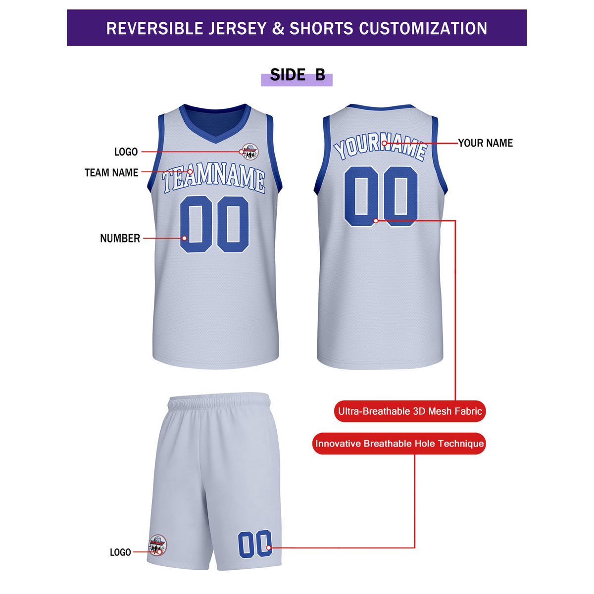 Custom Navy Blue & Light Gray Reversible Basketball Uniform Set | Personalized Team Name & Number - Vosoli