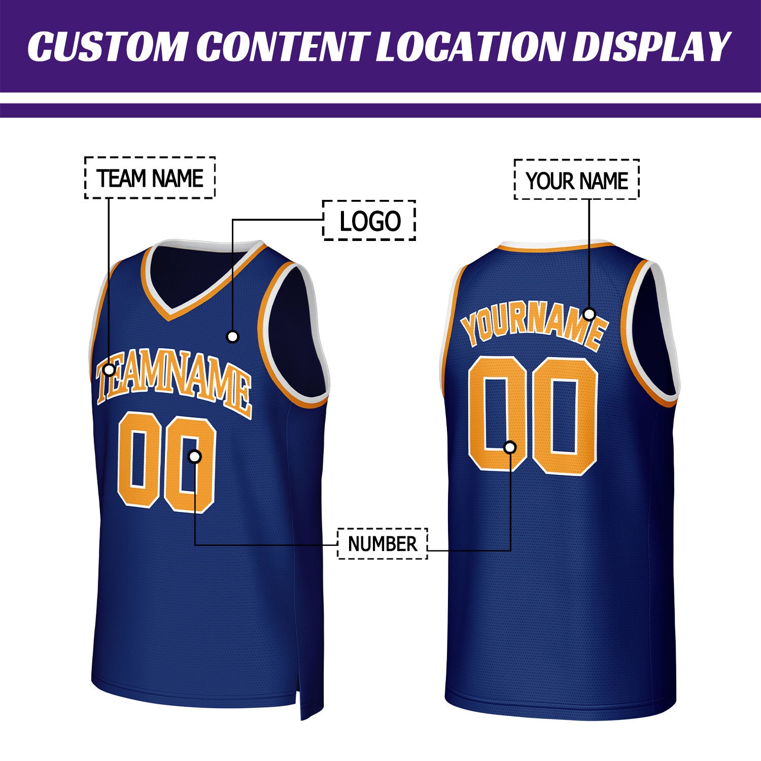 Custom Navy Blue & Orange Mesh Basketball Jersey | Personalized Name & Number Team Uniform