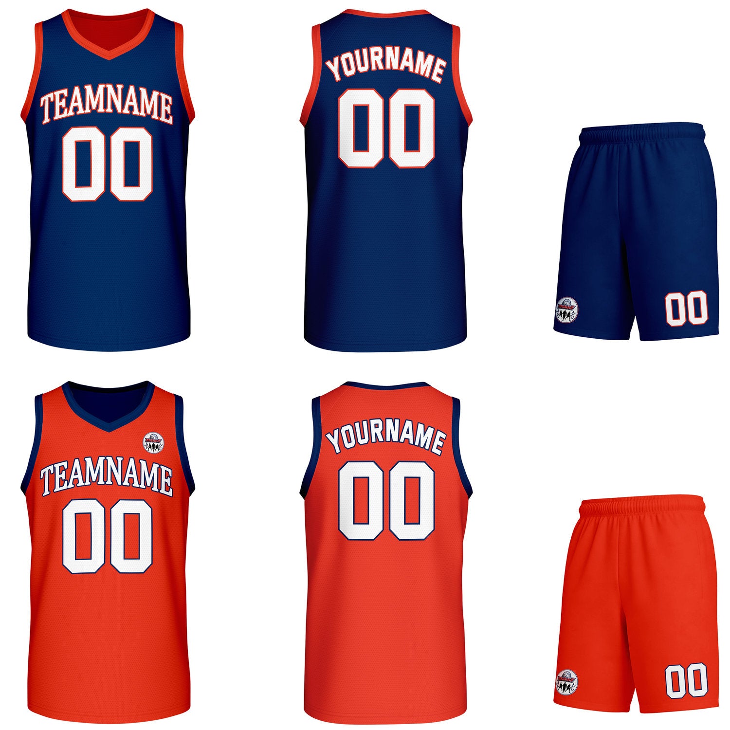 Custom navy blue & orange Reversible basketball uniform set, personalized team name number logo breathable mesh jersey and shorts men women youth game practice - Vosoli