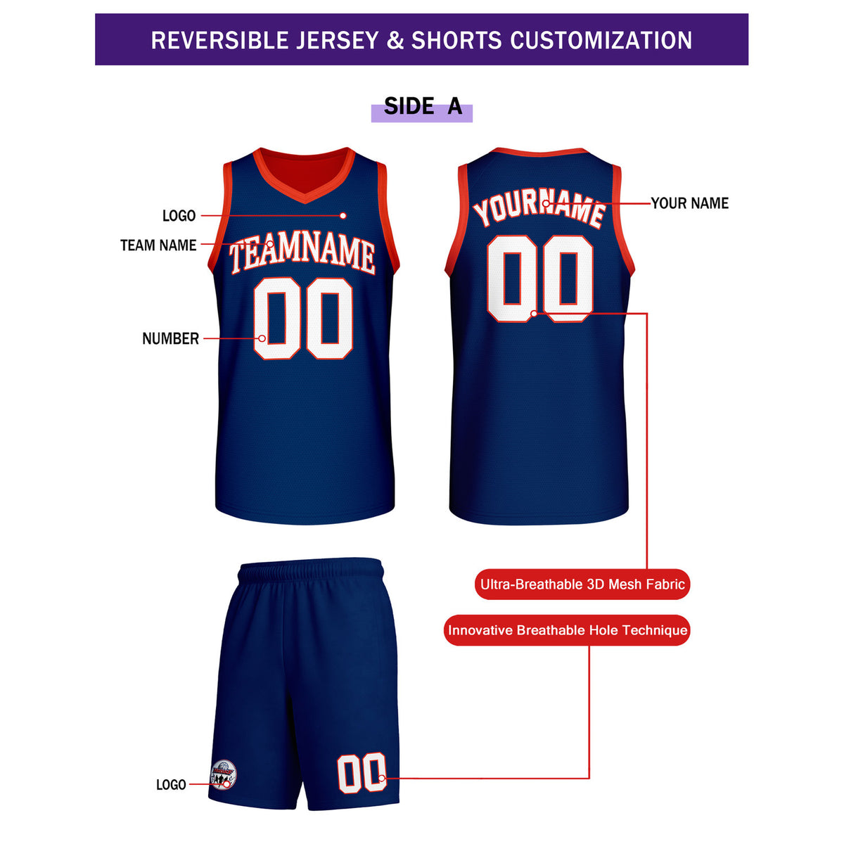 Custom Navy Blue & Orange Reversible Basketball Uniform Set | Personalized Team Name & Number - Vosoli