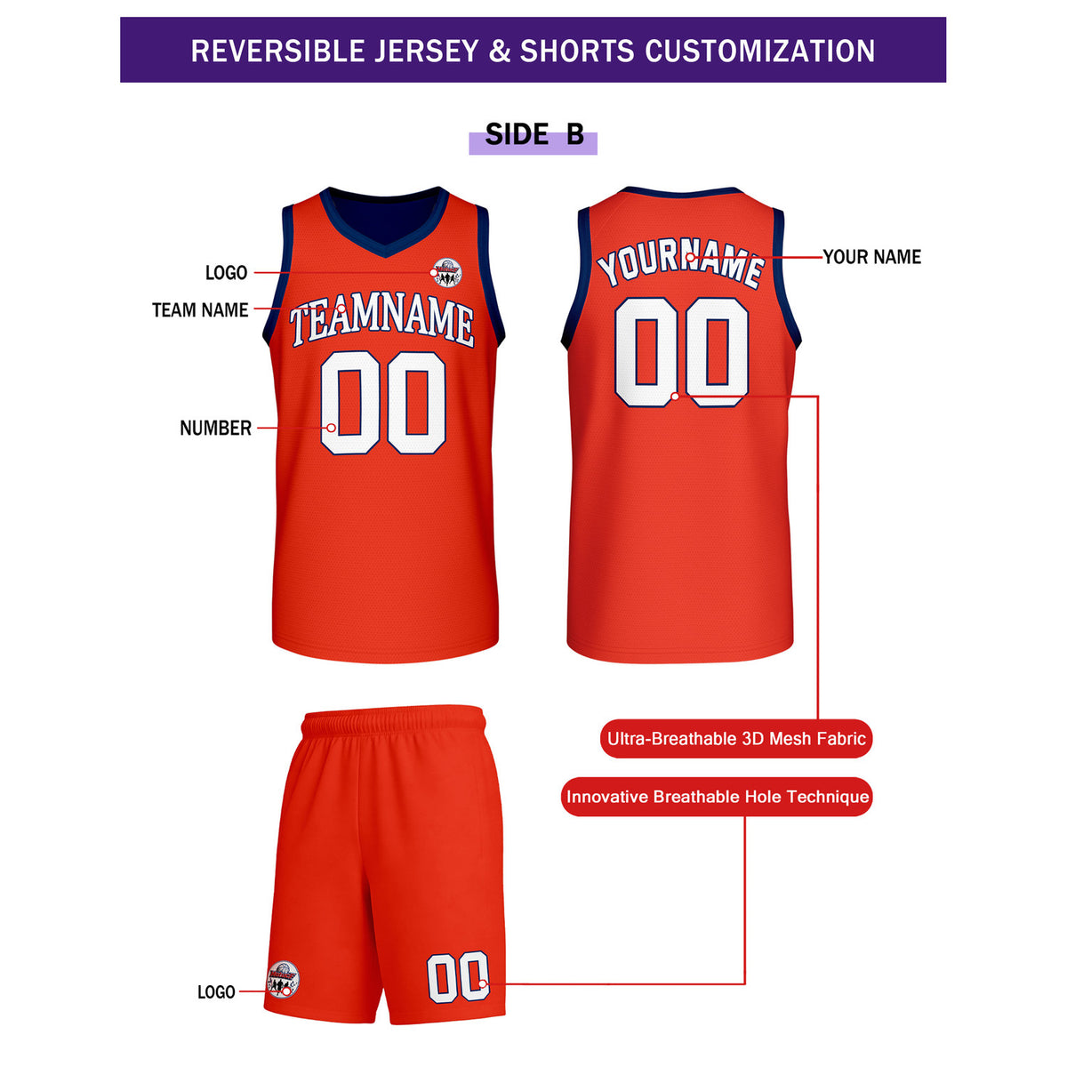 Custom Navy Blue & Orange Reversible Basketball Uniform Set | Personalized Team Name & Number - Vosoli