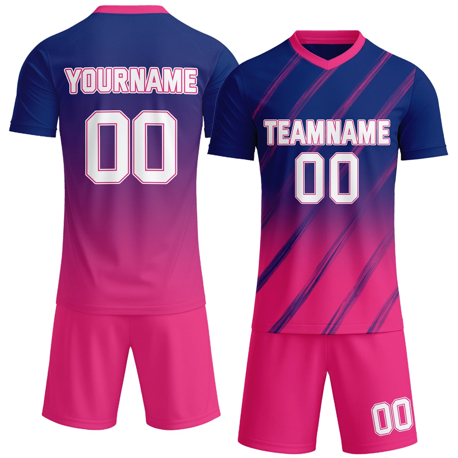 Custom navy blue & pink gradient soccer jersey set, personalized name number team logo, short-sleeve jersey with matching shorts sports uniform for men women youth adult game practice - Vosoli