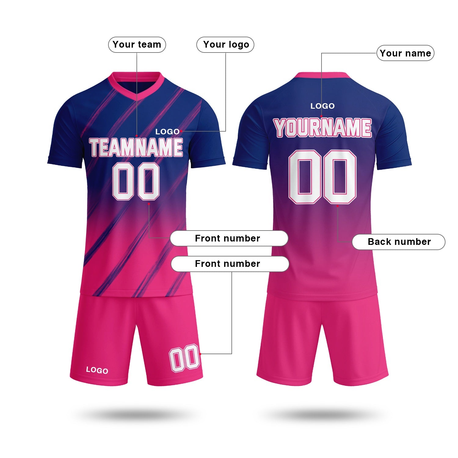 Custom navy blue & pink gradient soccer jersey set, personalized name number team logo, short-sleeve jersey with matching shorts sports uniform for men women youth adult game practice - Vosoli