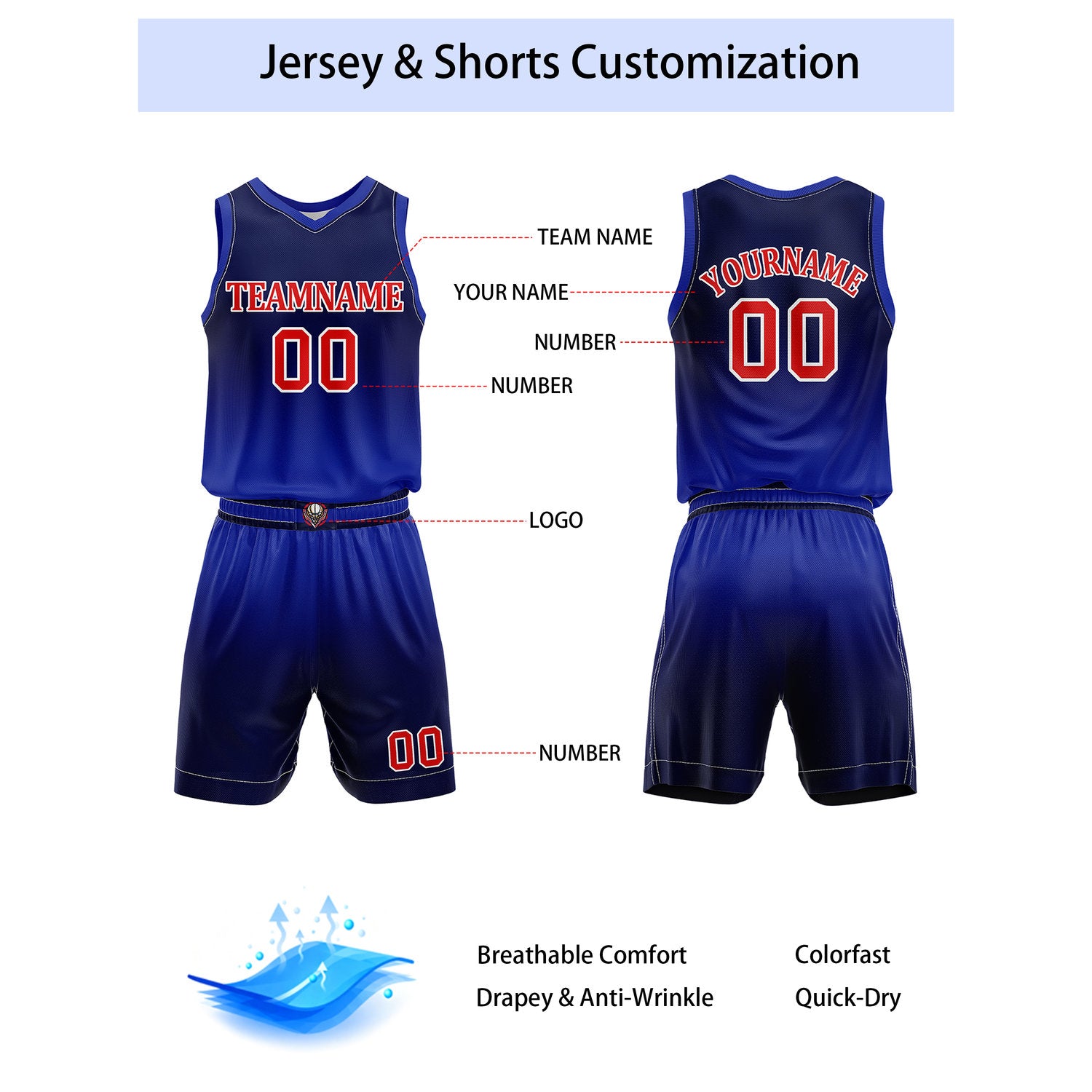 Custom Navy Blue & Red Basketball Jersey + Shorts Set - Personalized Team Name, Number & LOGO | Vosoli