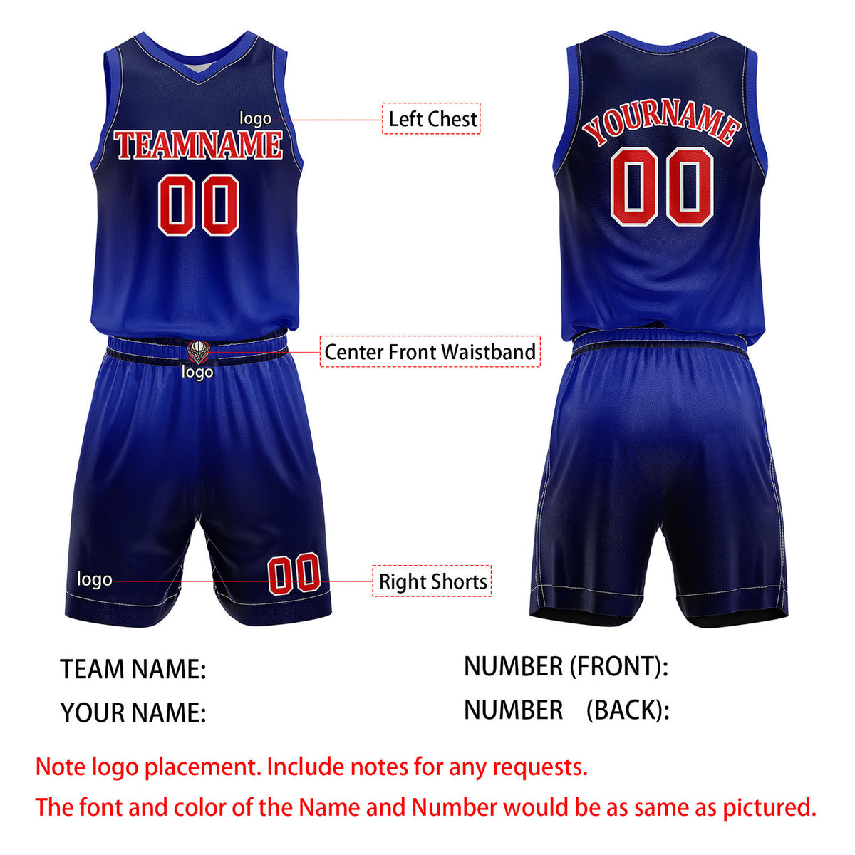 Custom Navy Blue & Red Basketball Jersey + Shorts Set - Personalized Team Name, Number & LOGO | Vosoli
