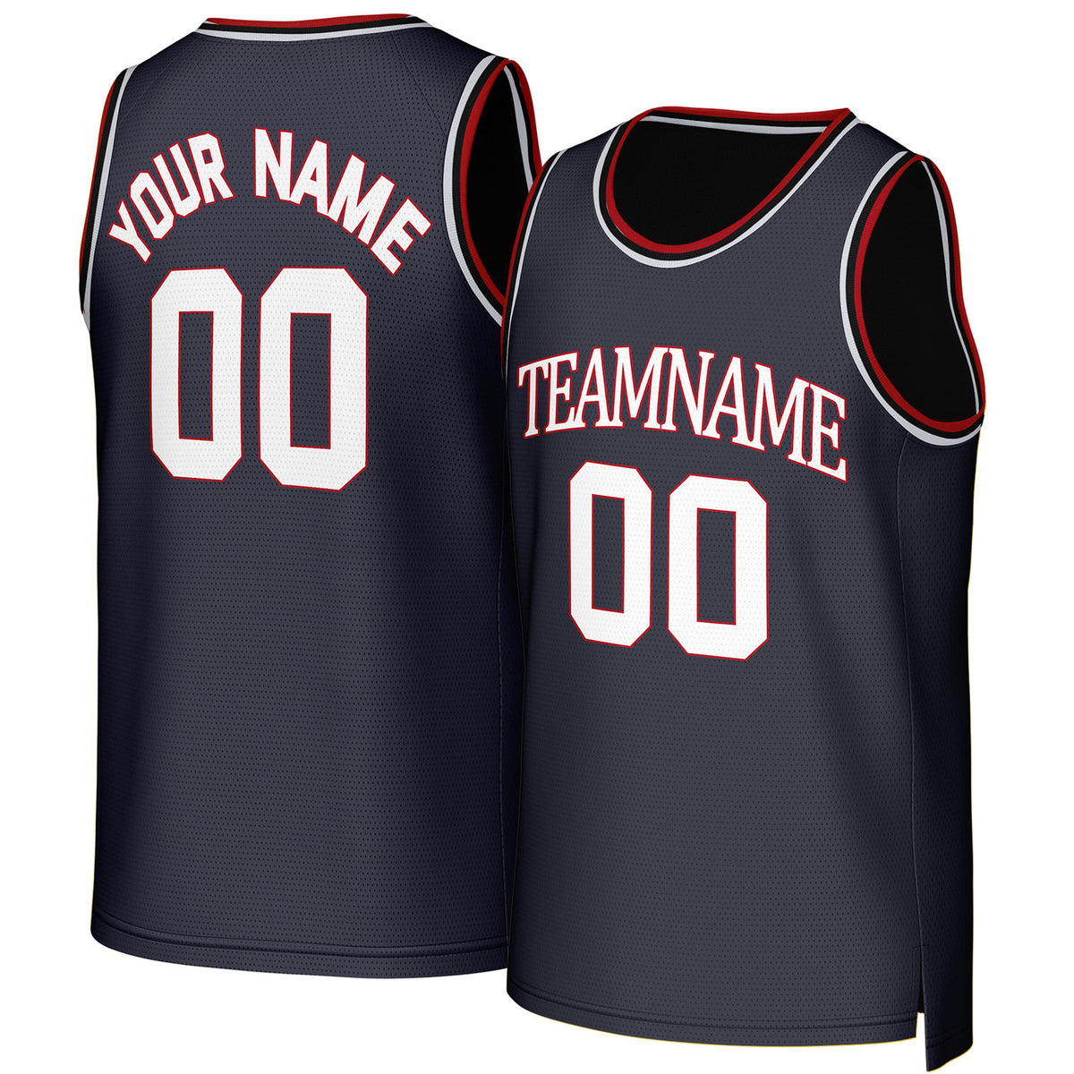 Custom navy blue & red basketball jersey by Vosoli. Personalized with team name, player name, number, and logo. Breathable mesh jersey for high school, college, AAU teams.