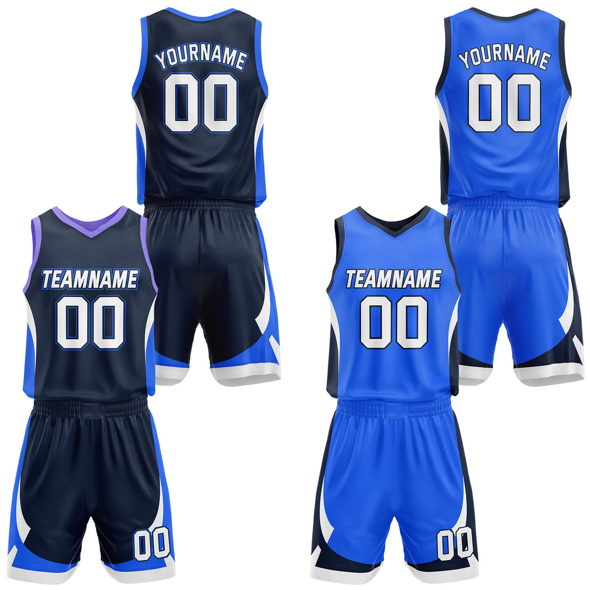 Custom navy &amp; blue reversible basketball jersey set with shorts by Vosoli | Personalized team name, number &amp; logo | Breathable mesh sport jersey uniform