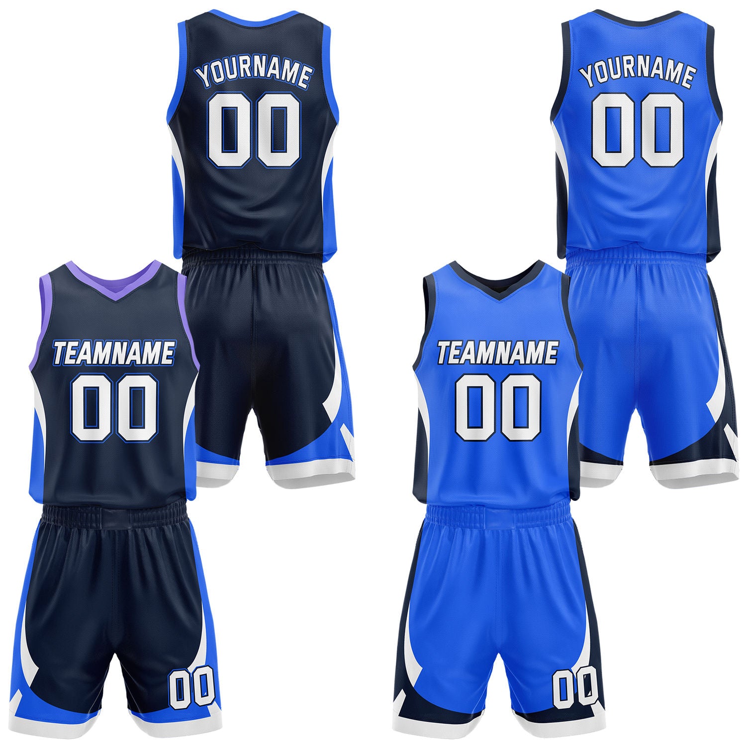 Custom navy & blue reversible basketball jersey set with shorts by Vosoli | Personalized team name, number & logo | Breathable mesh sport jersey uniform