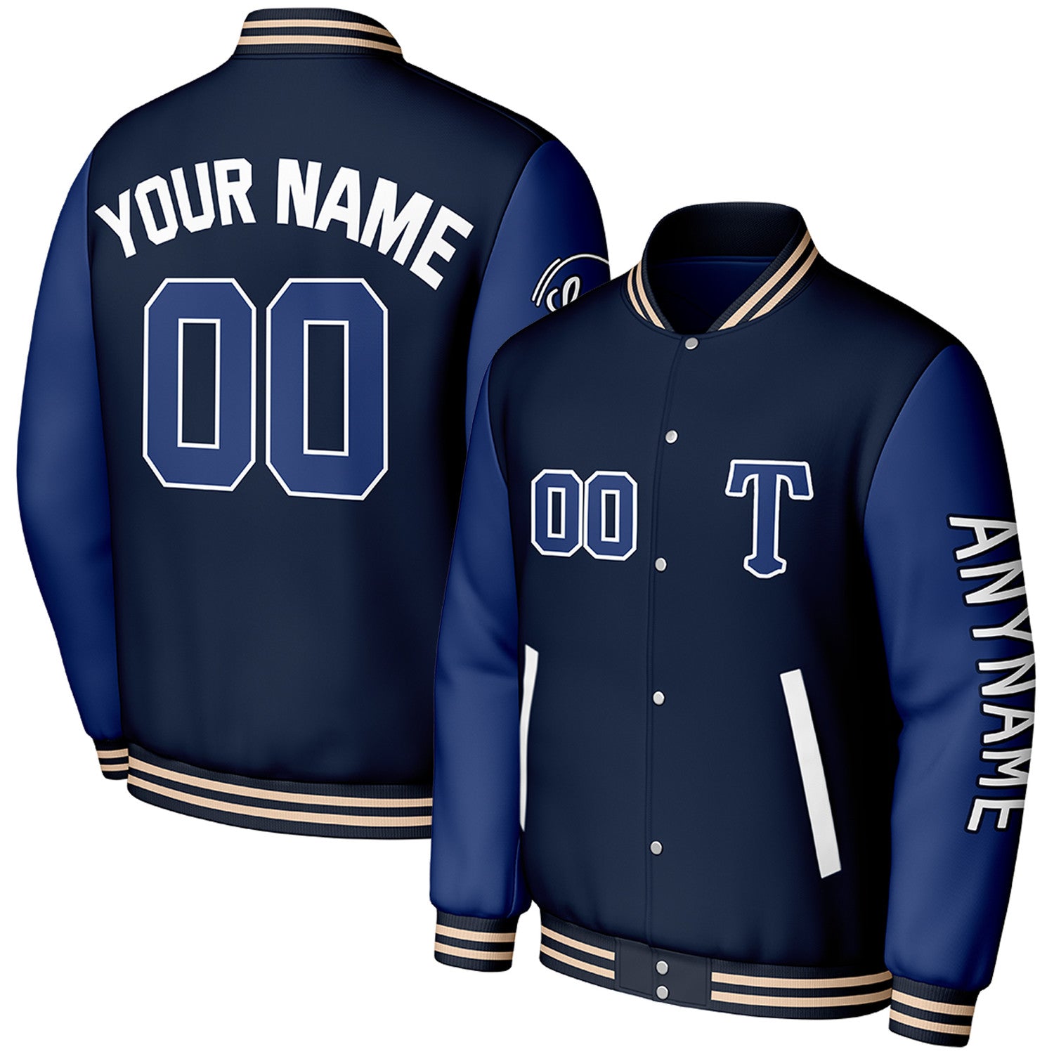 custom navy blue travel baseball team apparel by Vosoli, personalized stitched name, number & logo, classic button up varsity letterman jacket for baseball travel team and casual wear