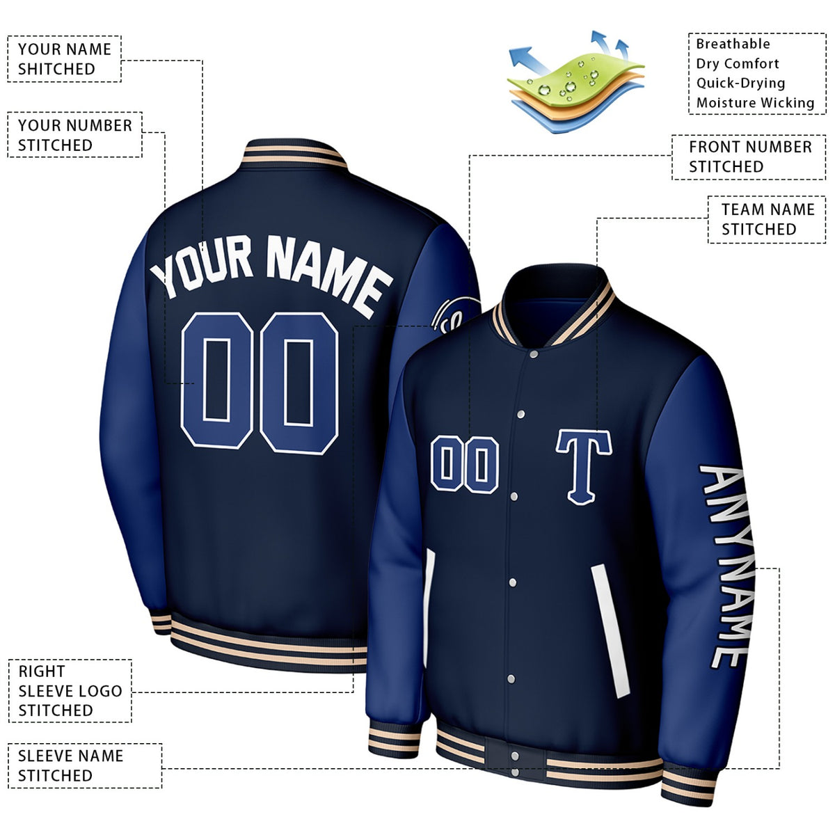 Custom Navy & Blue Varsity Baseball Jacket | Personalized Letterman Baseball Bomber for Adult & Youth