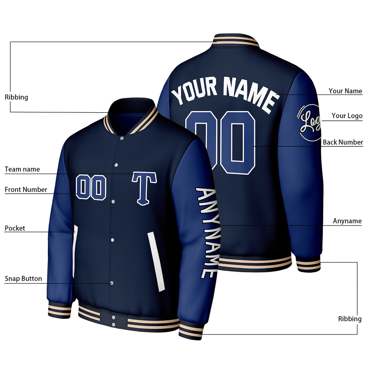 Custom Navy & Blue Varsity Baseball Jacket | Personalized Letterman Baseball Bomber for Adult & Youth