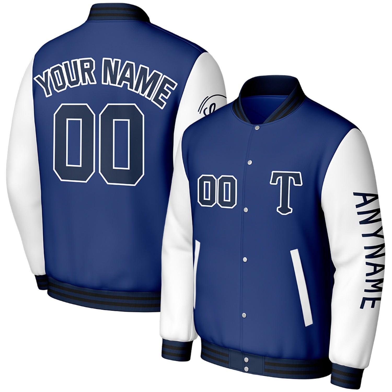 custom navy blue white baseball jackets for clubs by Vosoli, personalized stitched name, number & logo, classic button up varsity letterman jacket for baseball club team and casual wear