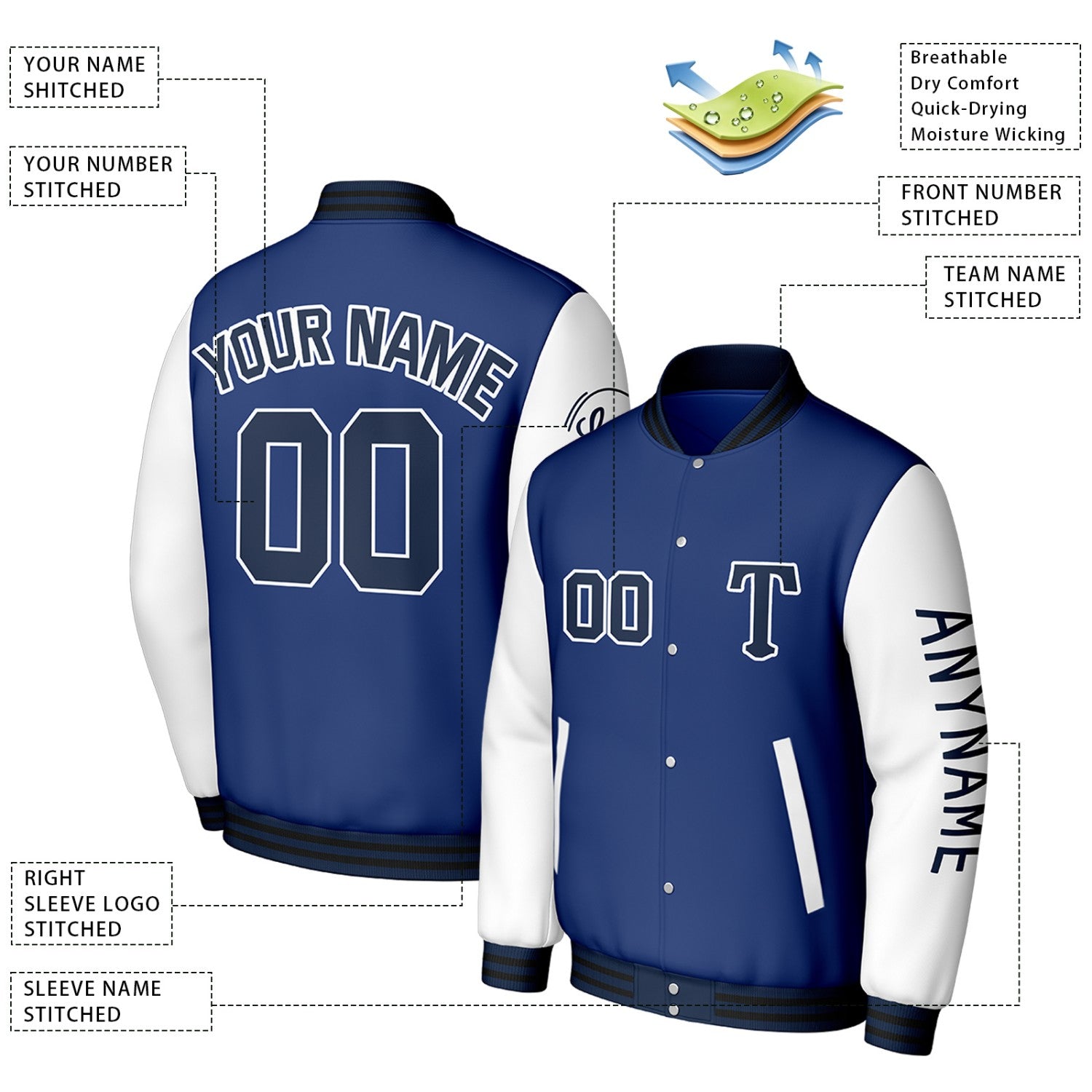 Custom Navy Blue & White Varsity Baseball Jacket | Personalized Letterman Baseball Bomber for Adult & Youth