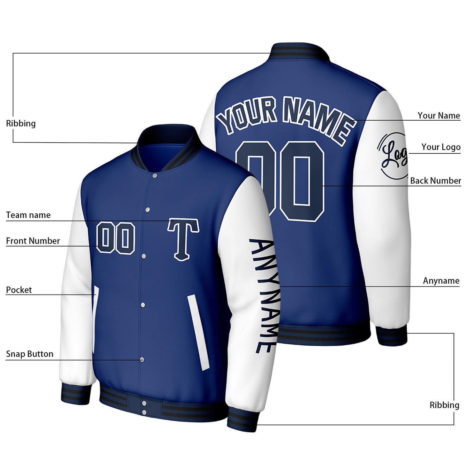 Custom Navy Blue & White Varsity Baseball Jacket | Personalized Letterman Baseball Bomber for Adult & Youth
