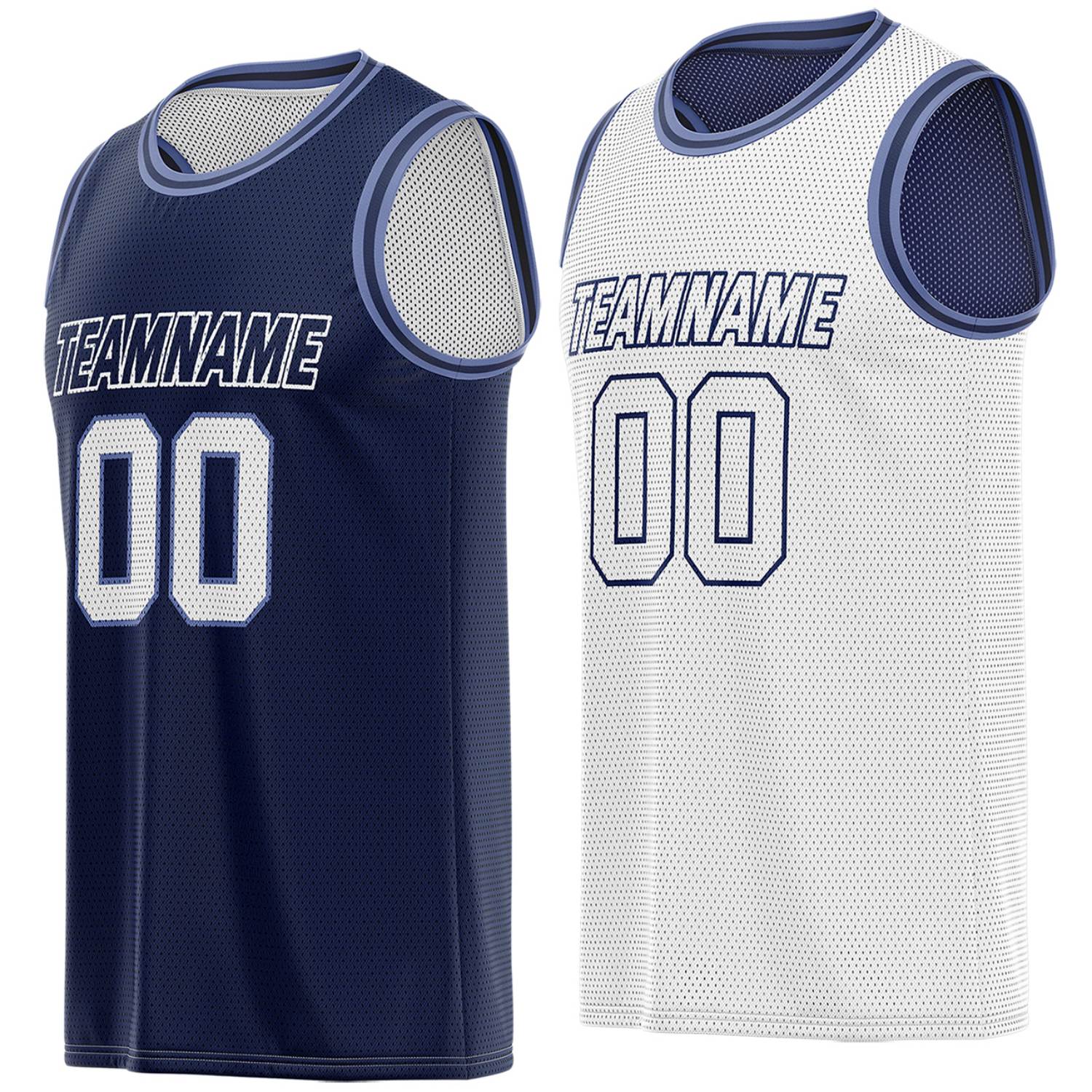 Custom navy blue & white reversible basketball jersey, personalized team name number breathable mesh sports top with light blue trim for men women youth game practice - Vosoli