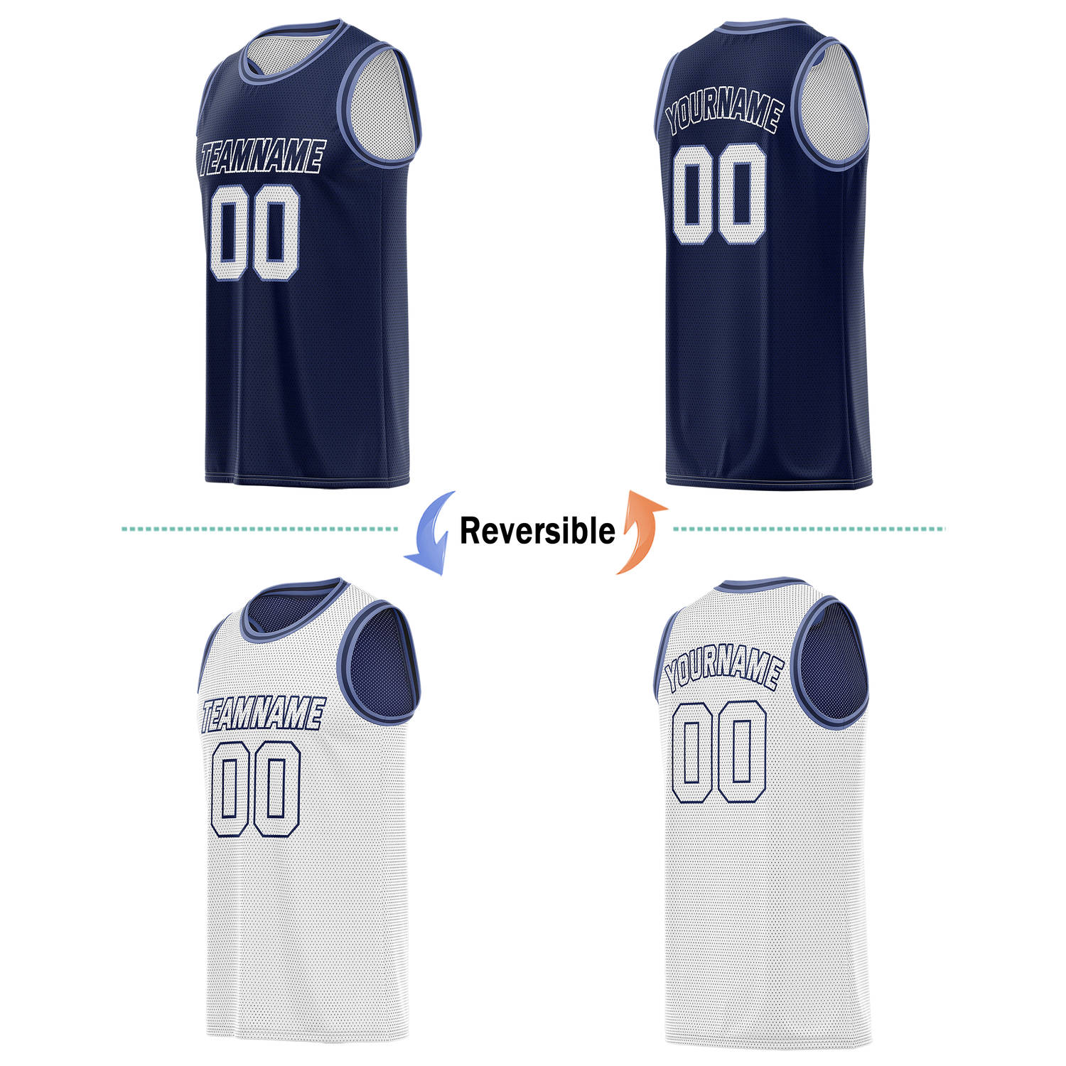 Custom Navy Blue & White Reversible Basketball Jersey | Personalized Team Name & Number - Vosoli