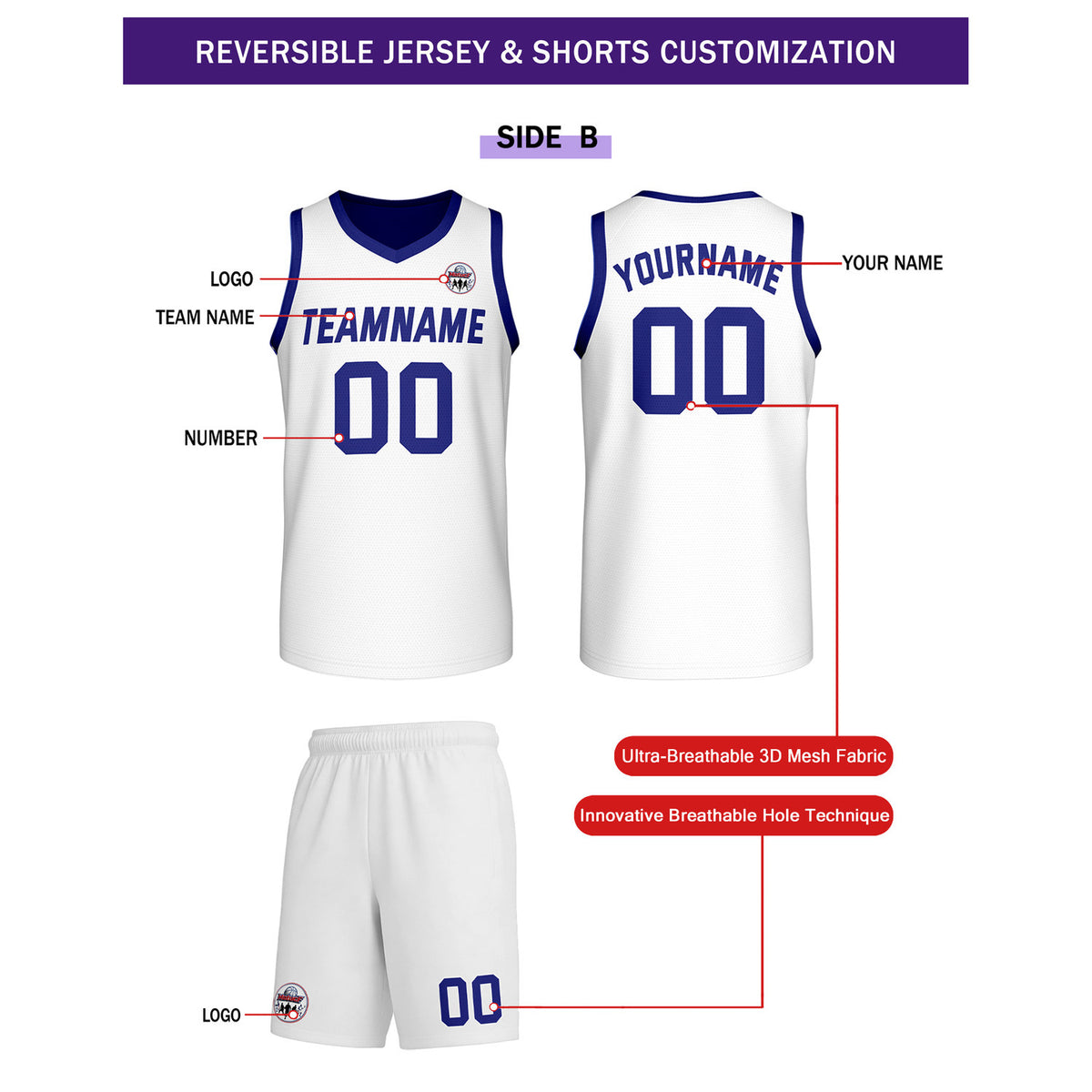 Custom Navy Blue & White Reversible Basketball Uniform Set | Personalized Team Name & Number - Vosoli