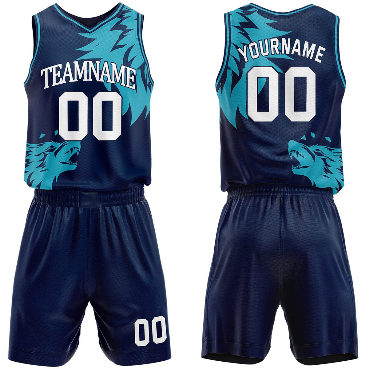 Custom navy &amp; blue wolf theme basketball jersey &amp; shorts set by Vosoli | Personalized team name &amp; number sportswear