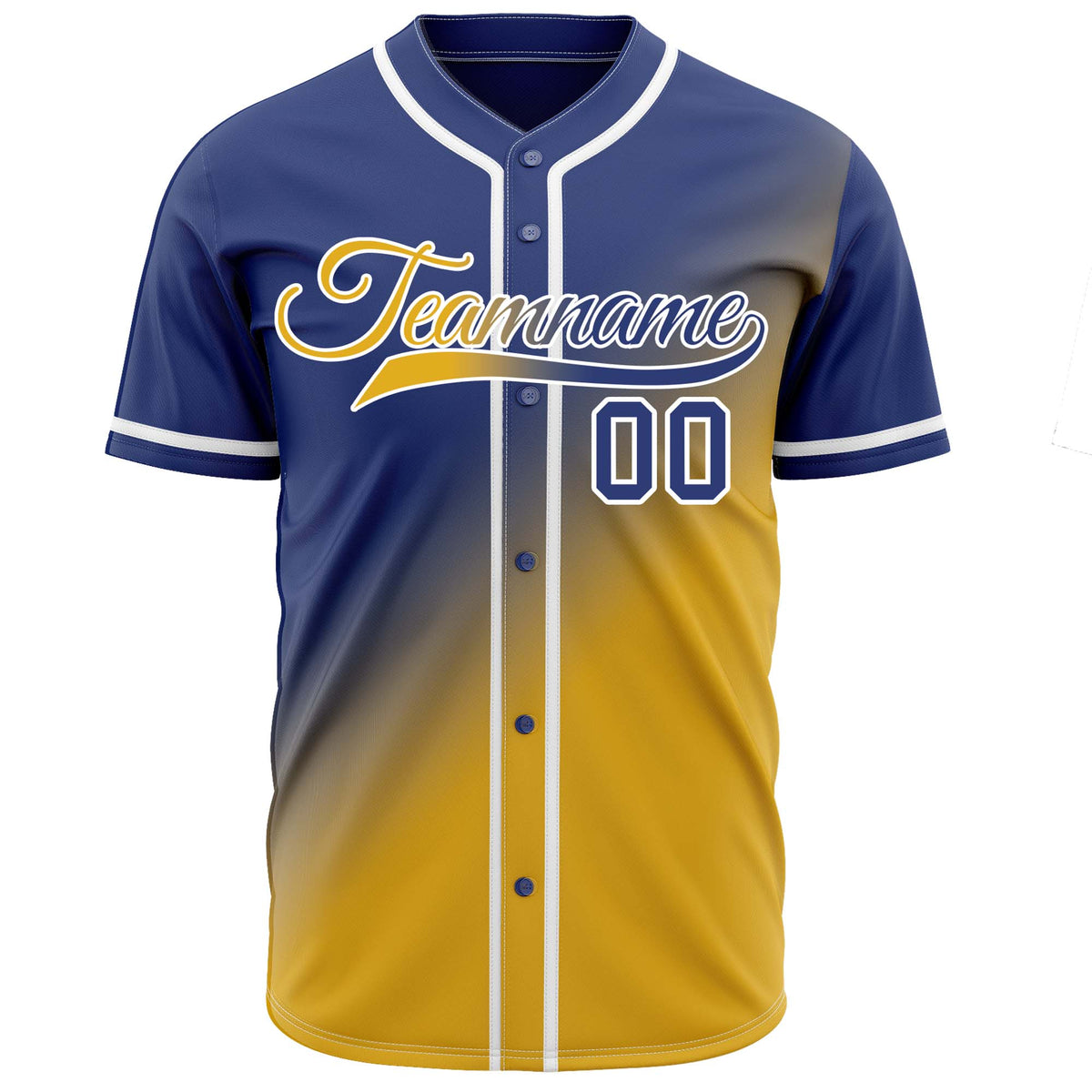 Custom navy blue to yellow gradient baseball jersey, button-front style with white trim, suitable for team sports and casual wear - Vosoli